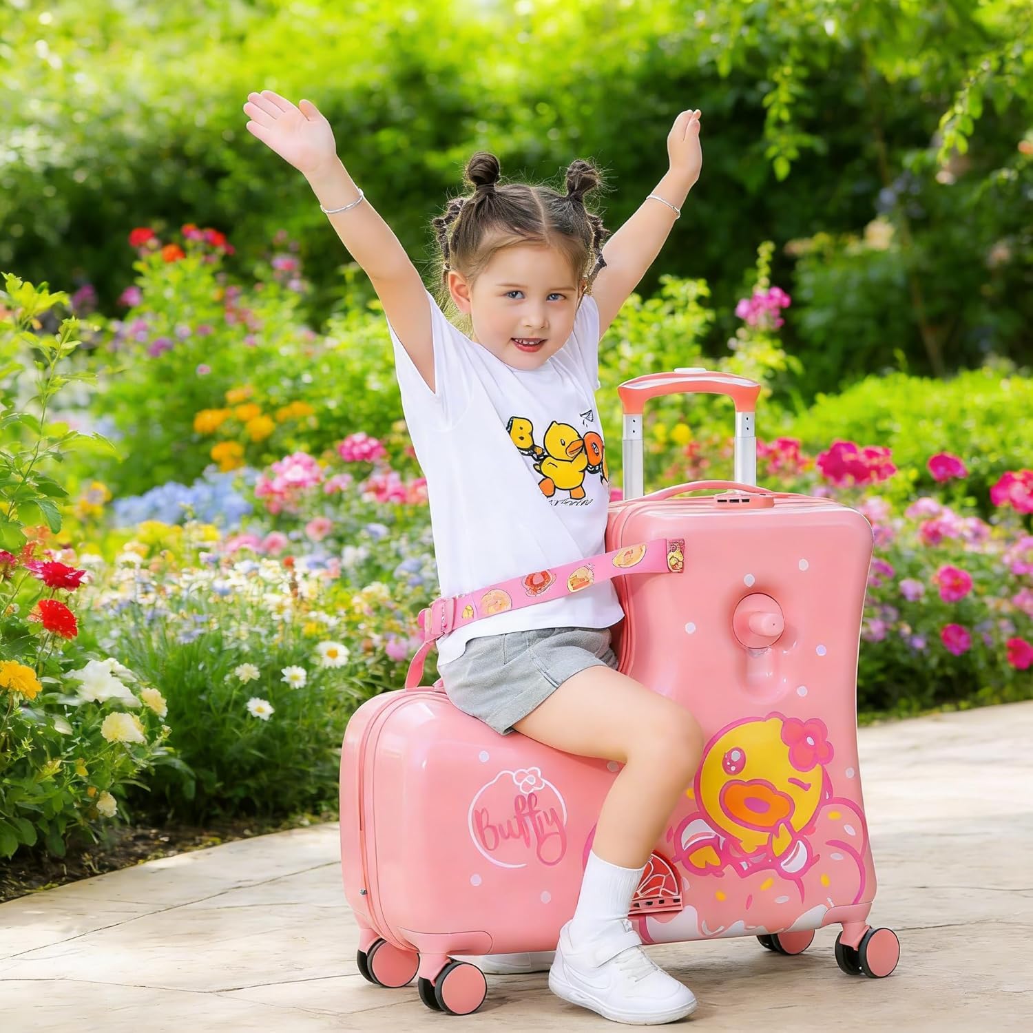 Kids' Lightweight Ride on Luggage with Spinner Wheels & Foldabe Design (Pink Donut, 20"+ Aged 1-3 Toddler)