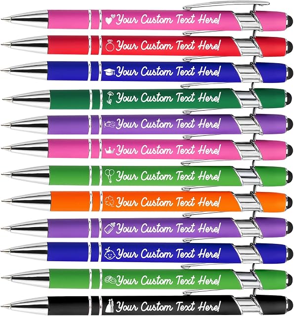 Personalised Pens with Stylus Name Free Engraving,Custom Metal Pens for Men Women Business Office,Customised engraved Name Message Logo Ballpoint Pens Black Ink-12,24,48,96 Pens Assorted-Click Action