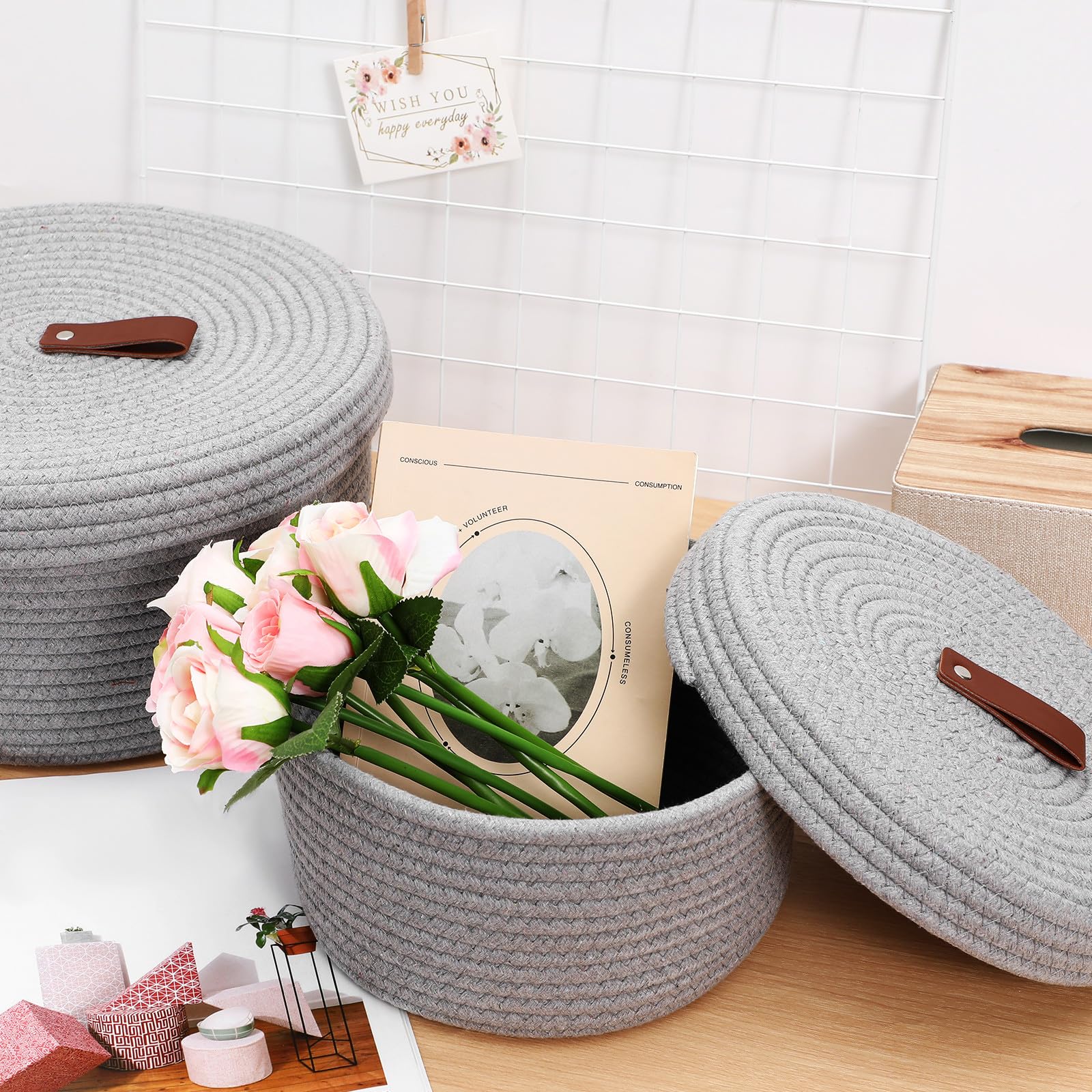 GALPADA Filzkorb Rund 2 Stück aus Baumwolle Gewebte Aufbewahrungskörbe mit Deckel Kleiner Korb im Einfachen Design für Wohnzimmer und Büro