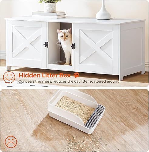 Miniatura 6 de MAHANCRIS Caja de arena para gatos para 2 gatos, caja de arena oculta para gatos de 47.2 pulgadas con habitación doble, baño de madera para gatos