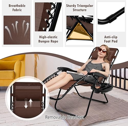 Miniatura 7 de Tangkula Silla de gravedad cero, silla plegable para patio, sillón reclinable ajustable al aire libre con soporte para tazas, reposabrazos anchos
