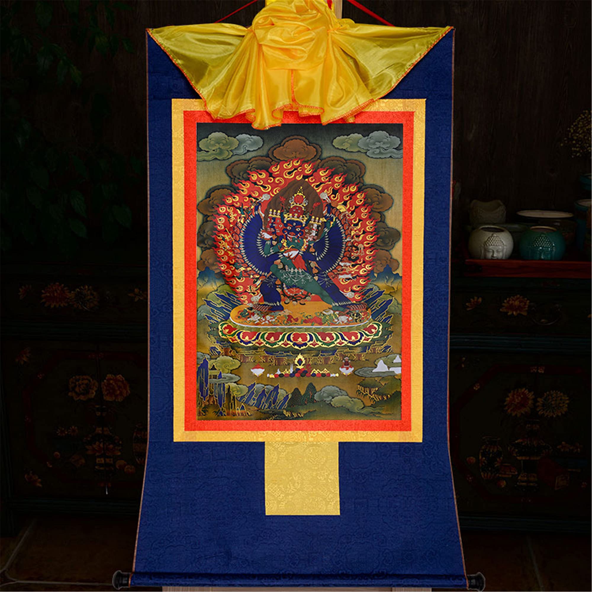 Gandhanra Thangka Tibetische Wandbehang,Yamantaka Thangka,Vajrabhairava Thangka,Heißgeprägter Buddha Wandteppich für Zen Wohnkultur, Meditation, Spirituelle Entspannung und Ruhe