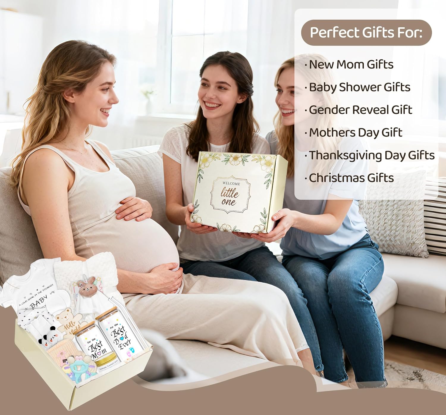 New Mom Gifts for Women, 17pcs Gender Reveal Gifts for New Parent, Baby Shower Gifts for Expecting Mom to Be, Postpartum Essentials After Baby Basket, Baby Swaddle Blanket Rattle Gift Set