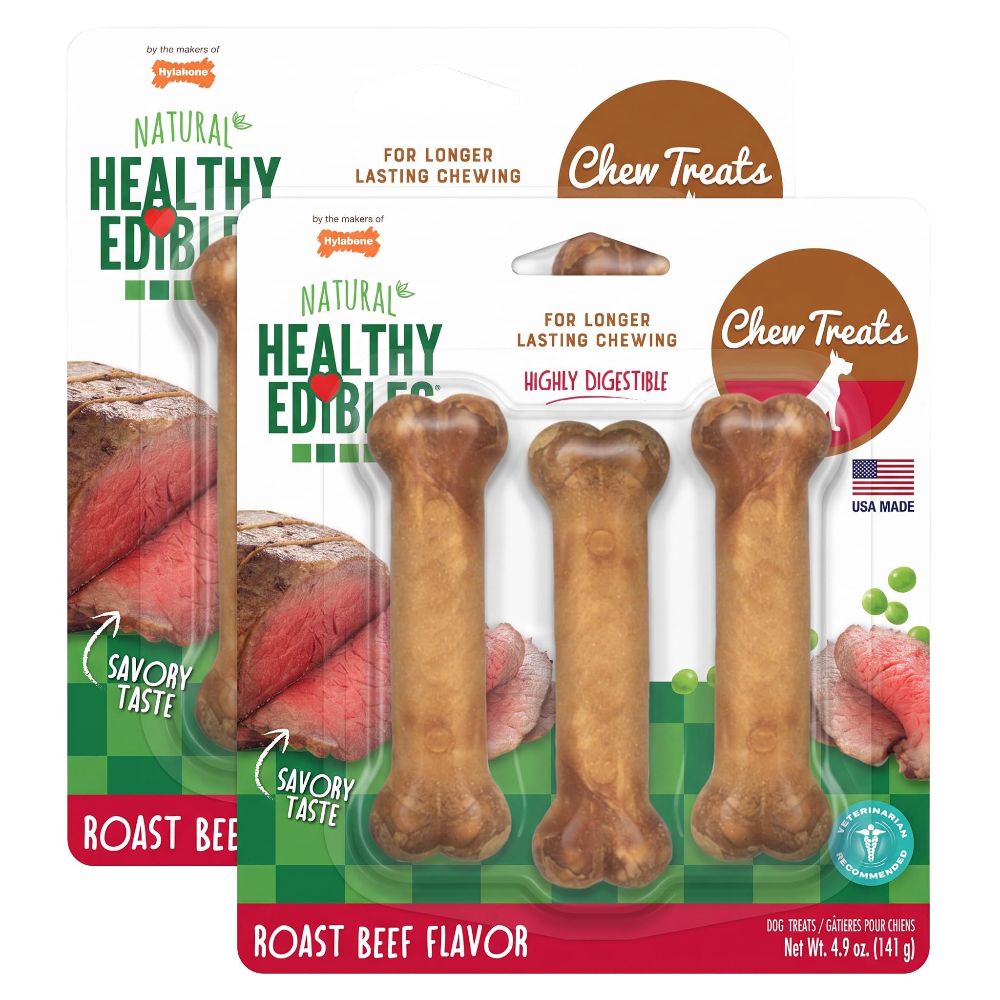 Nylabone Healthy Edibles Natural Dog Chews, Long Lasting Bones for Dogs, Roast Beef Flavor Dog Treats, Small (3 Count) (Pack of 2)