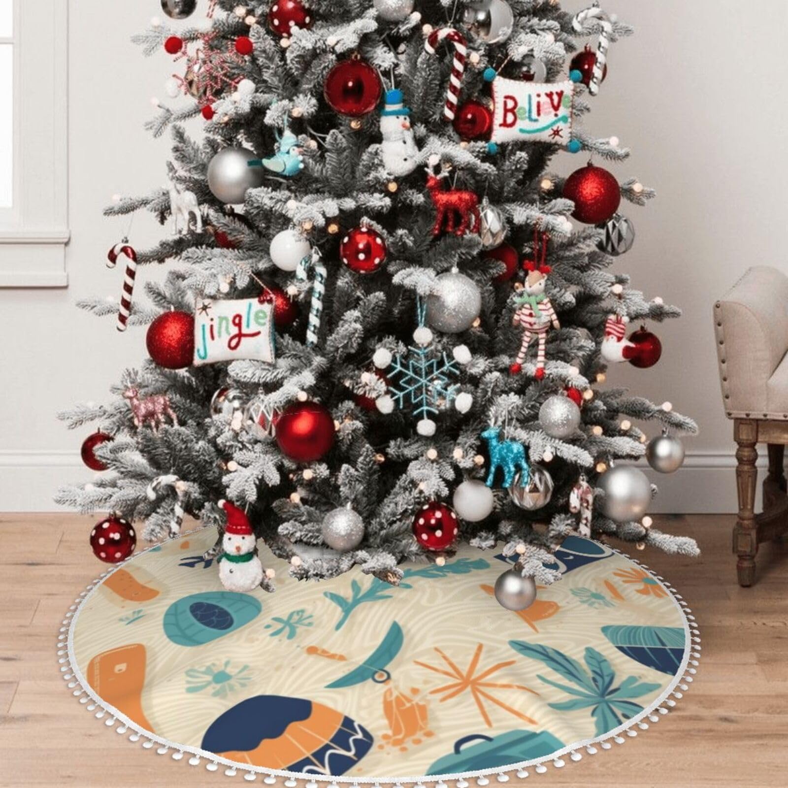 Jupe de sapin de Noël rustique avec frange à pompons de fête