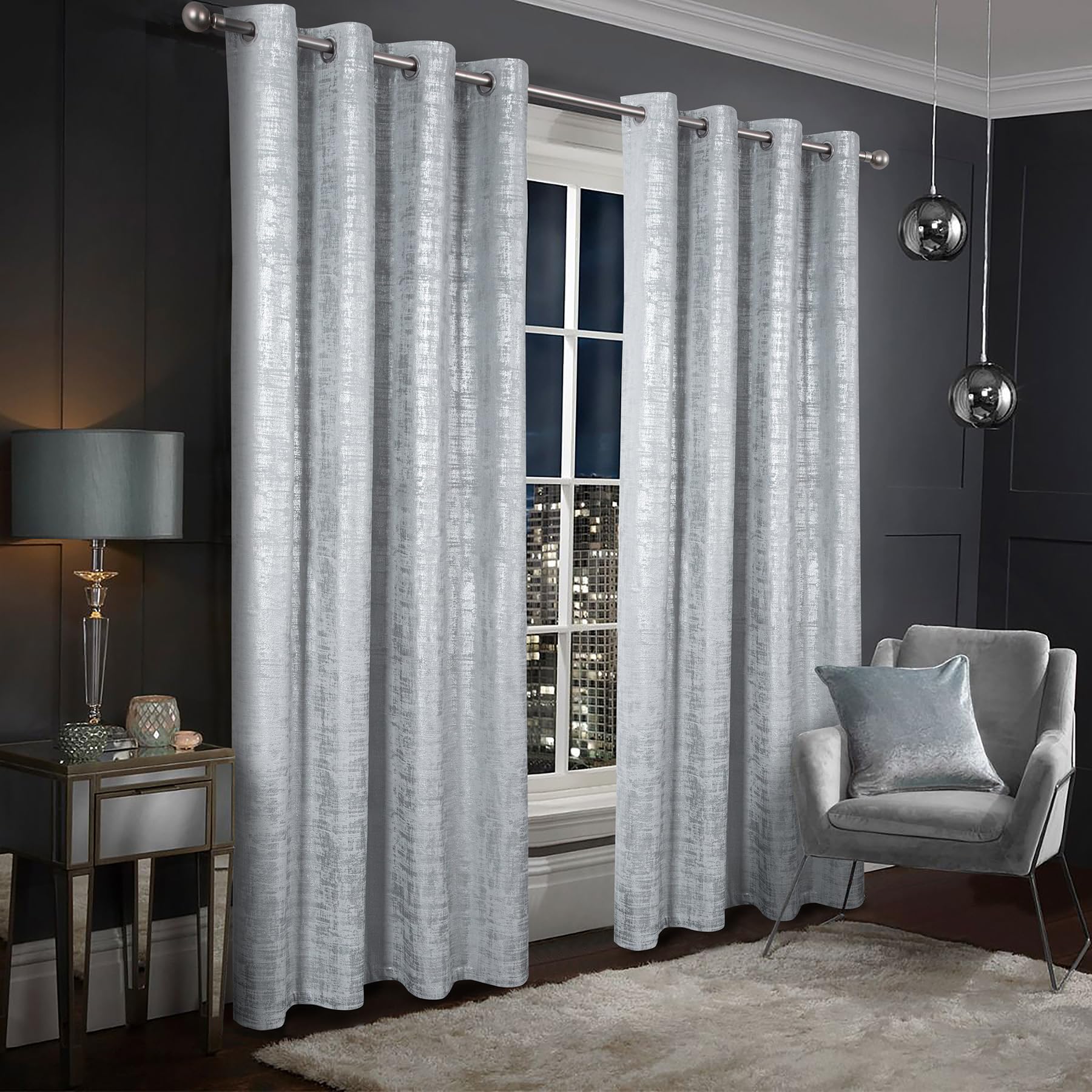 always4u 100% Blackout Velvet Curtains with Silver Film Backing Thermal Insulated Window Treatments for Bedroom Foil Printed Eyelet Curtains Drapes 2 Panels Silver W90 X L90 Inches