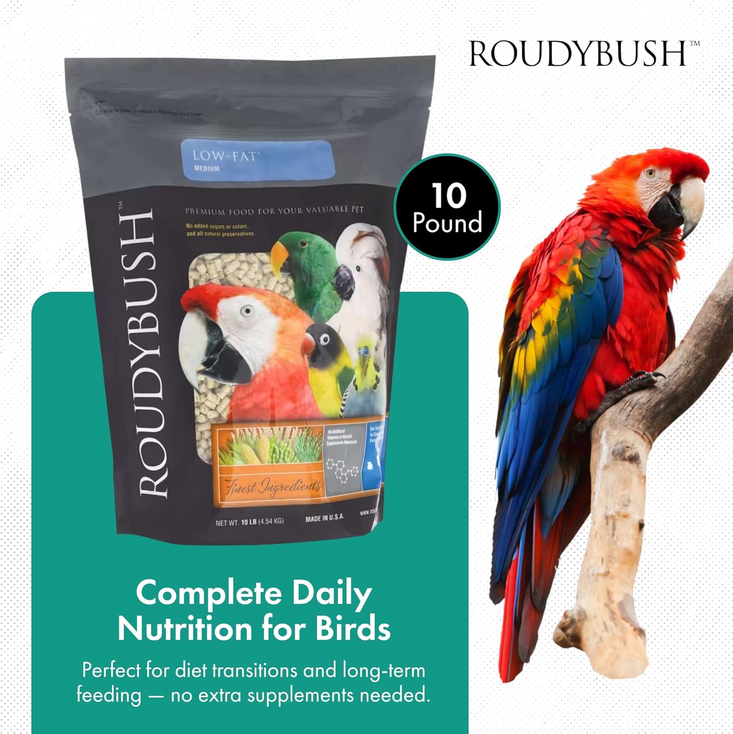 RoudyBush Low Fat Food for Adult Birds & Chicks - Scientifically Formulated Bird Feed, Bird Food Pellets w/Corn, Wheat, Soy & More - Nutritious & Healthy Feed for Birds (Medium, 10lb)