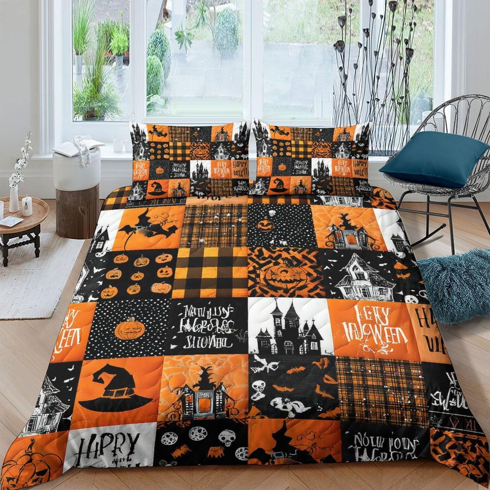 Ctjqhvkz Style-9 3D Printed Halloween Patchwork Fitted Sheet Microfiber Orange Black Pumpkin Ghost Bed Cover For Bedroom Guest Room Decor Single（135X200cm）