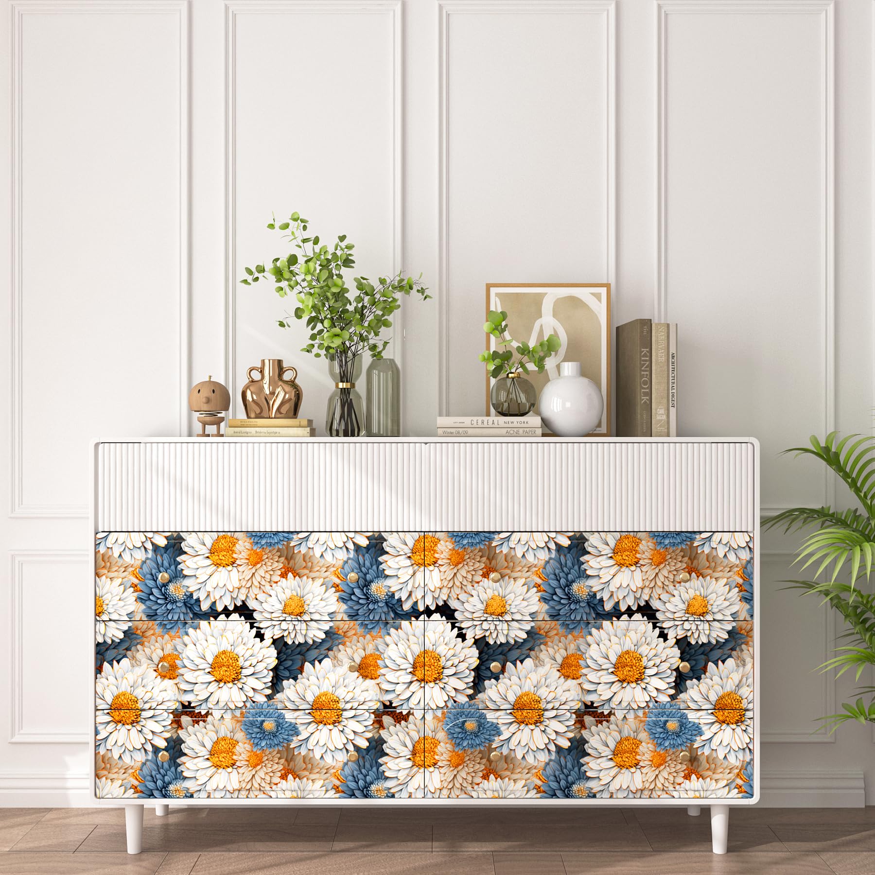 FunStick 44.5CM×9M Papel Pintado Infantil Flores Azul y Blanco Margarita 3D Vinilo Adhesivo Infantil para Muebles Flores Armario Azul y Blanco Papel Pared Autoadhesivo Floral 3D Dormitorio Habitacion