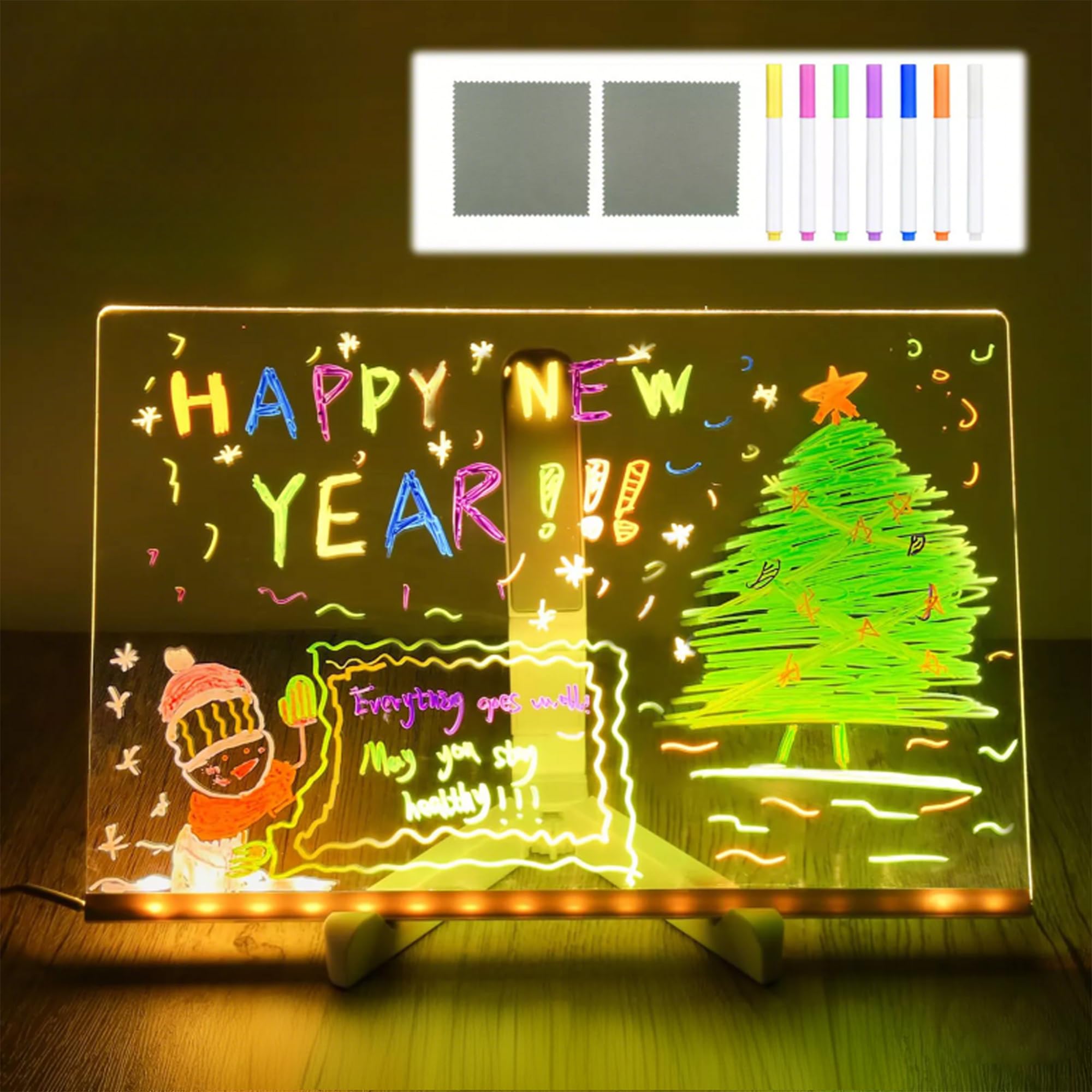LED Note Board with Colors,Led Light Up Acrylic Message Board,LED Illuminated Drawing Board Light Up Dry Erase Board with Stand for Office School Home