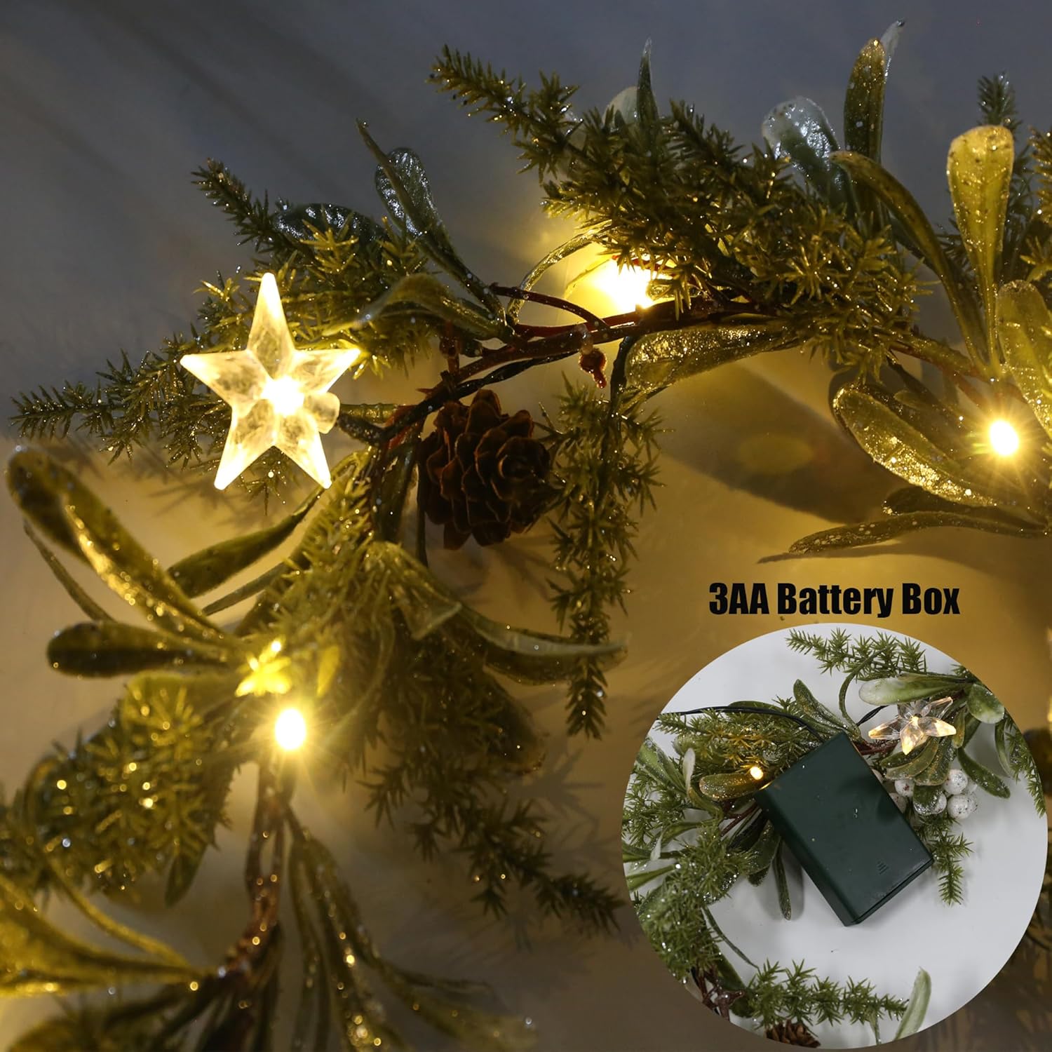 6FT Pre-lit Two-Tone Olive Christmas Garland Set of 2 Battery Operated Artificial Greenery Winter Mistletoe Garland with Timer for Mantle, Stairs Railing, Patio,Table, Window, Front Door Holiday