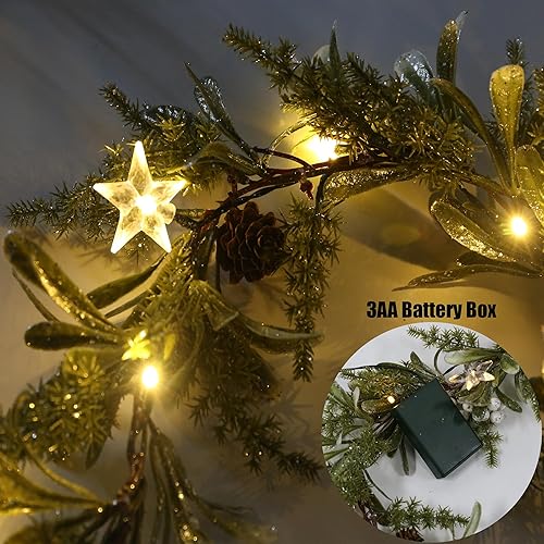 Miniatura 6 de Juego de 2 guirnaldas de Navidad de color verde oliva preiluminadas de 6 pies con pilas, guirnalda de muérdago de invierno con temporizador para