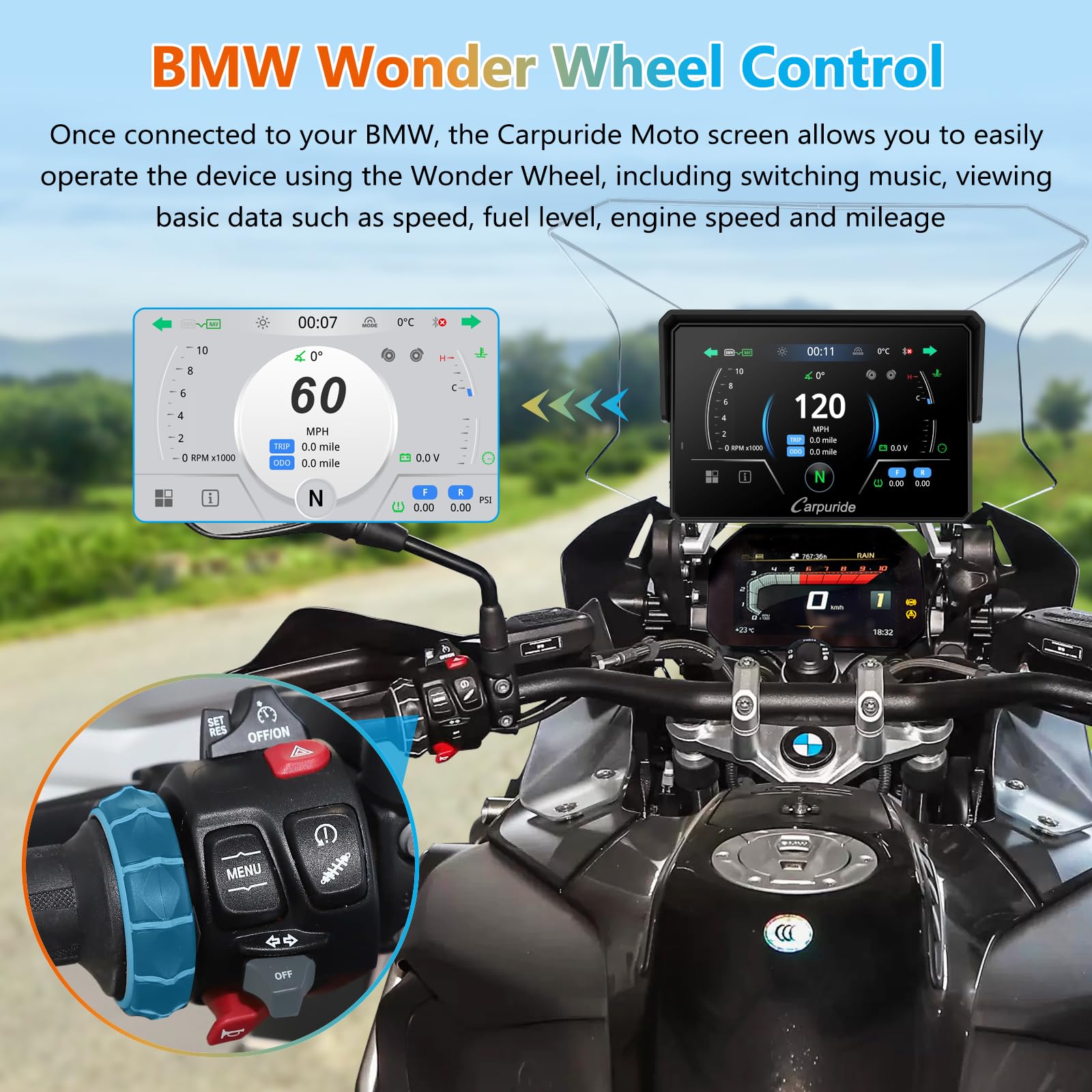 CARPURIDE W502BS Pro voor BMW Motoren, CarPlay & Android Auto, Dual Bluetooth, 5-inch Waterdicht GPS- Navigatiescherm, TPMS, Lichtsensor, Muziek Delen