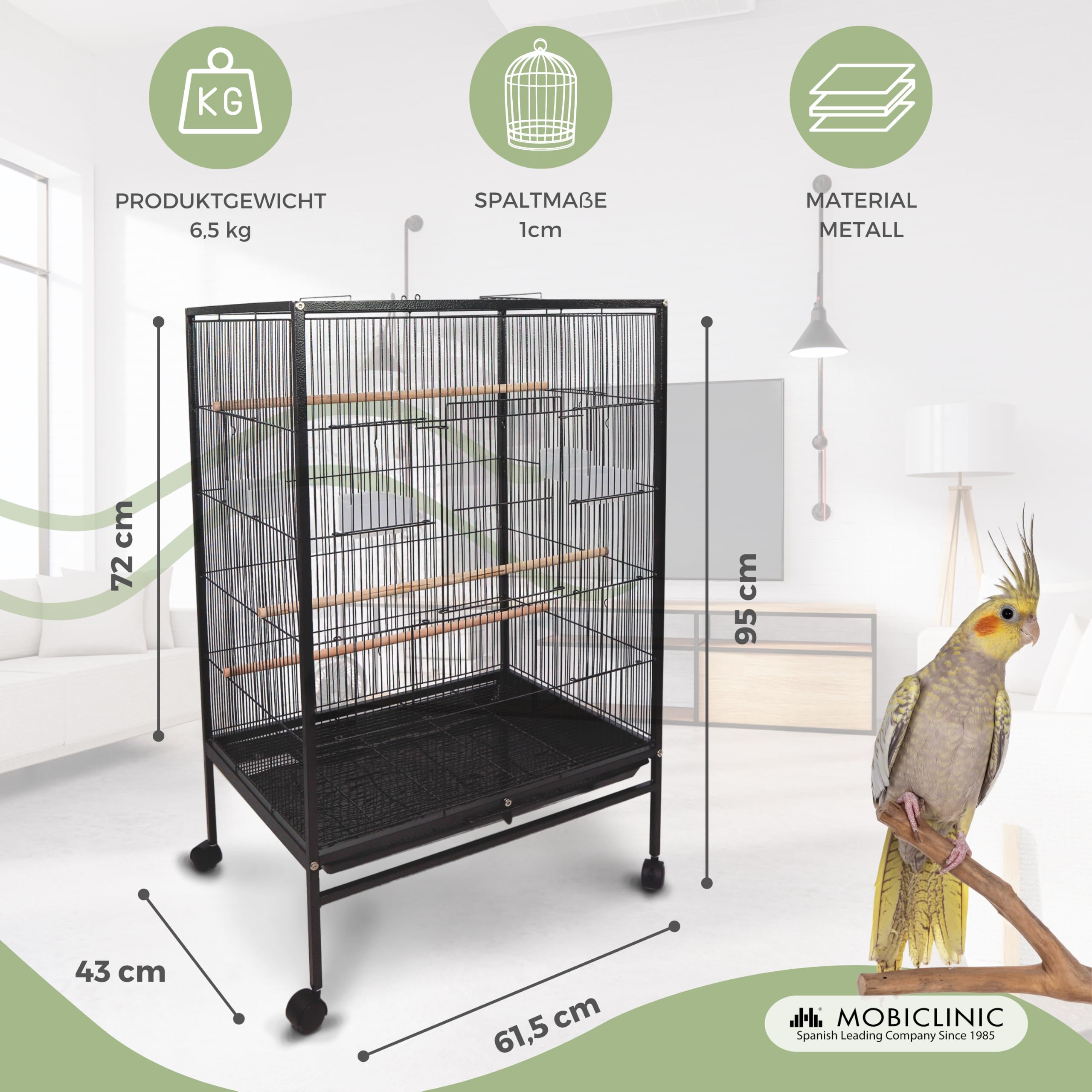 Mobiclinic®, Vogelkäfig, XL, Transporträder, Bremsen, Öffnung nach Oben, Herausnehmbares Tablett, 8 Türen, Großformat, 95x43x61,5 cm, Futterstellen, Tränken, Sitzstangen, Ruhebarsch, NINFA