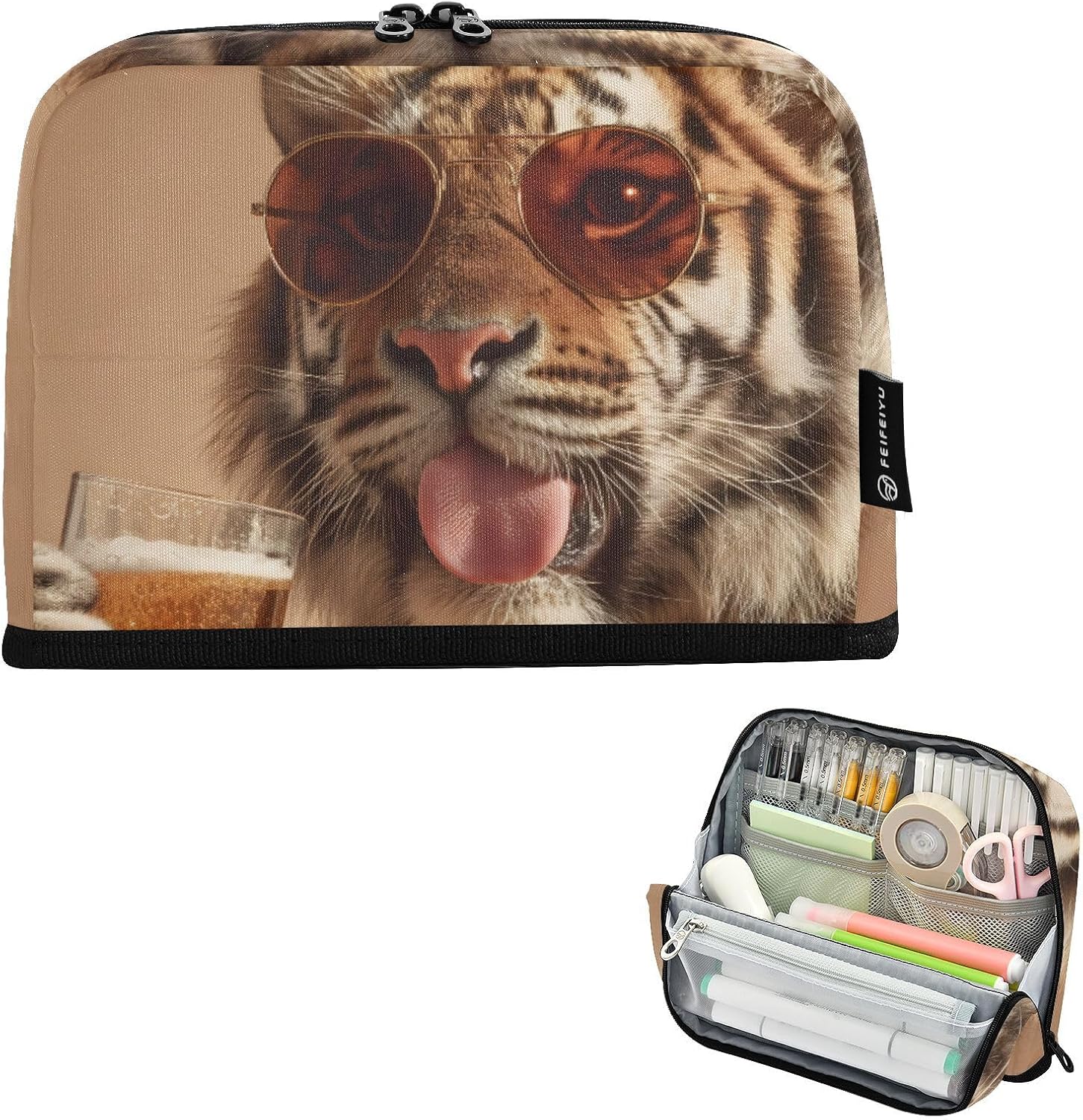 Large Capacity Pencil Case Big Cat Beer Funny – Magnetic Flap Stable Pencil Pouch, Stationery Organizer School Supplies for Office and Adult