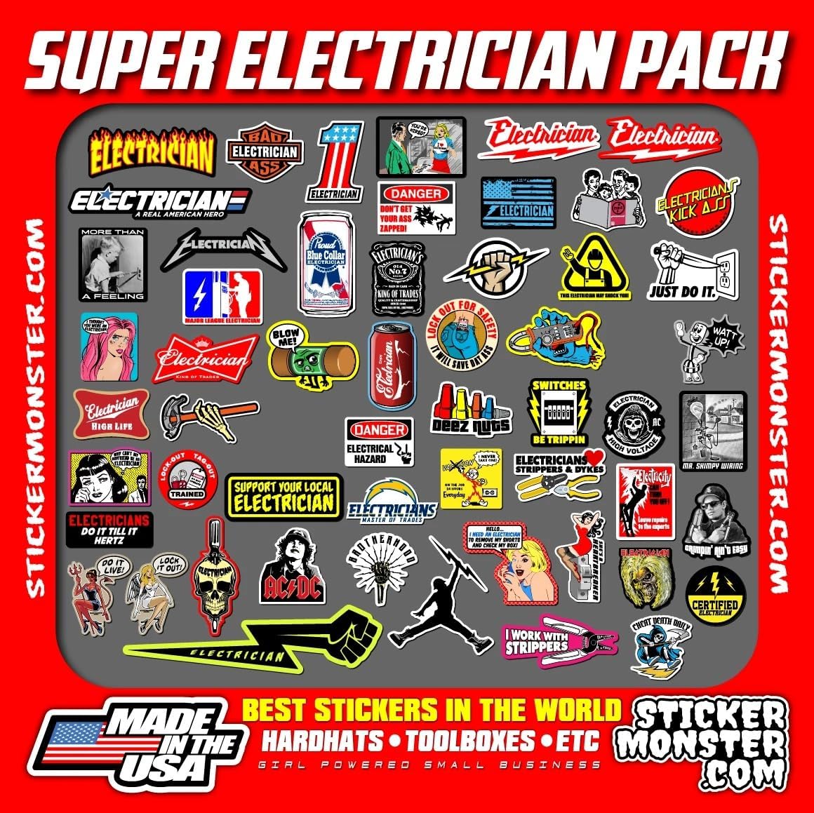 Electrician Hard Hat Stickers, 55+ Pack Vinyl Decals for Hard Hats, Toolboxes, Waterproof Construction Theme Mixed Professional Graphics