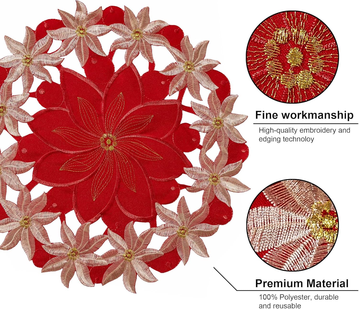 Joyfol Day Red Christmas Placemats Set of 4, Applique Embroidered Cutwork Gold Poinsettia Placemat, Xmas Flowers Tabletop Decoration for Home Kitchen Dining Winter Party (14 Inch Round)