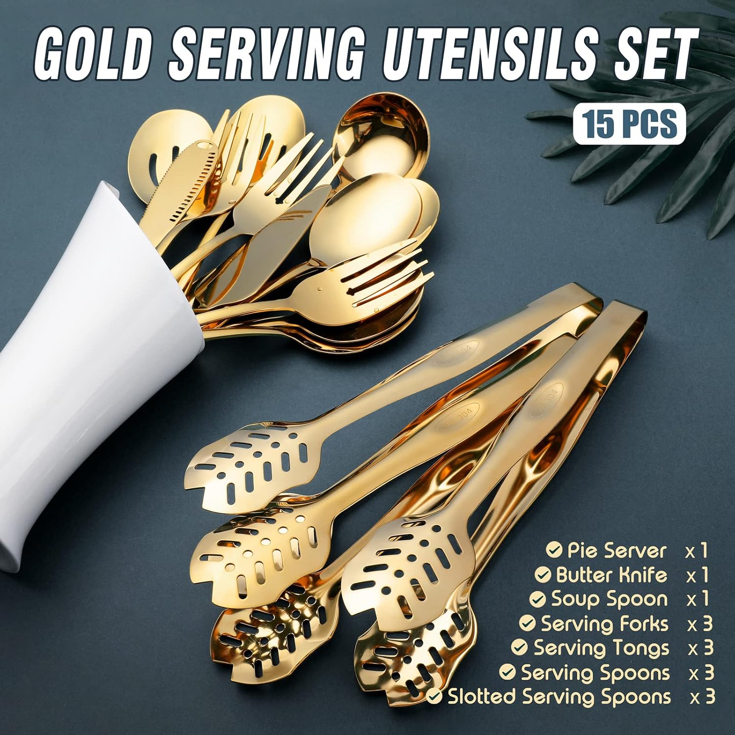 Gold Serving Utensils, OGORI 15-Piece Stainless Steel Gold Serving Utensils Set Include Serving Spoons, Slotted Serving Spoons, Serving Tongs, Serving Forks, Butter Knife, Soup Ladle, Pie Server image 2