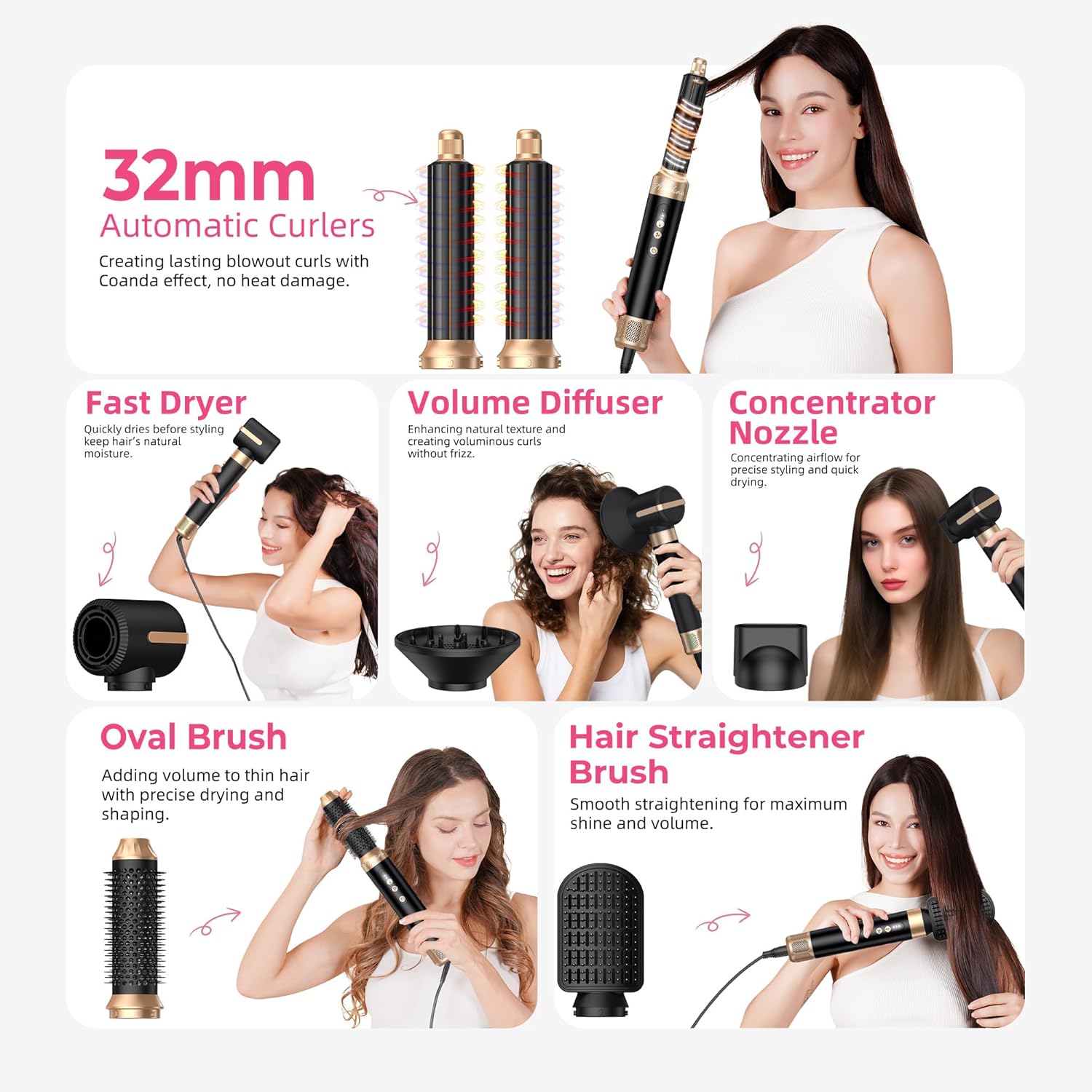 Atopskins 7 in 1 Blow Dryer Brush, Air Wrap Brush Set Hair Dryer Brush 110,000 RPM with Negative Ion Hair Styler Dry, Curling, Volumizing, Straightening and Styling (Green) (Black)