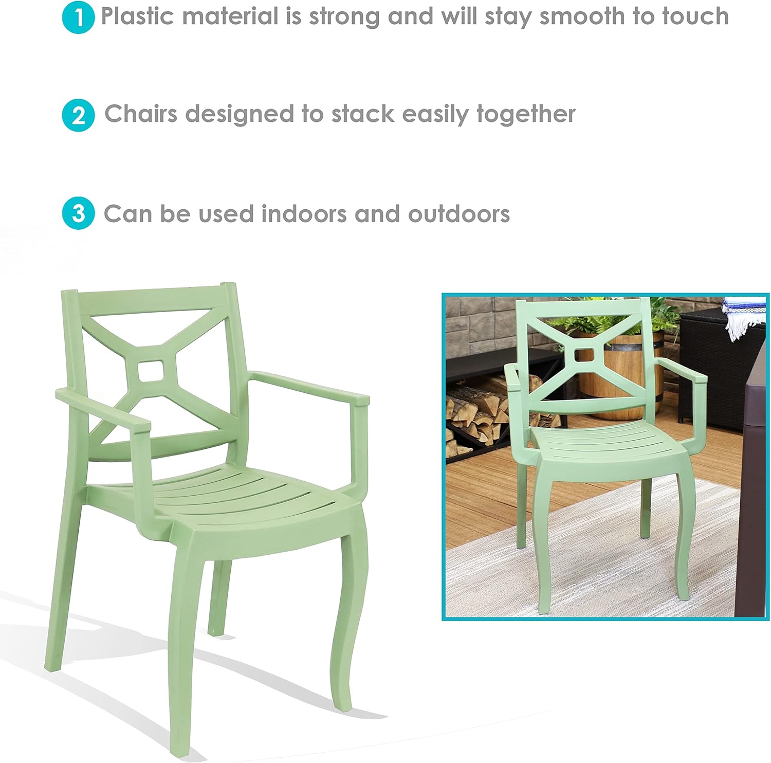 Sunnydaze Tristana Plastic Outdoor Patio Arm Chair - Set of 4 - Stackable Seating - Green