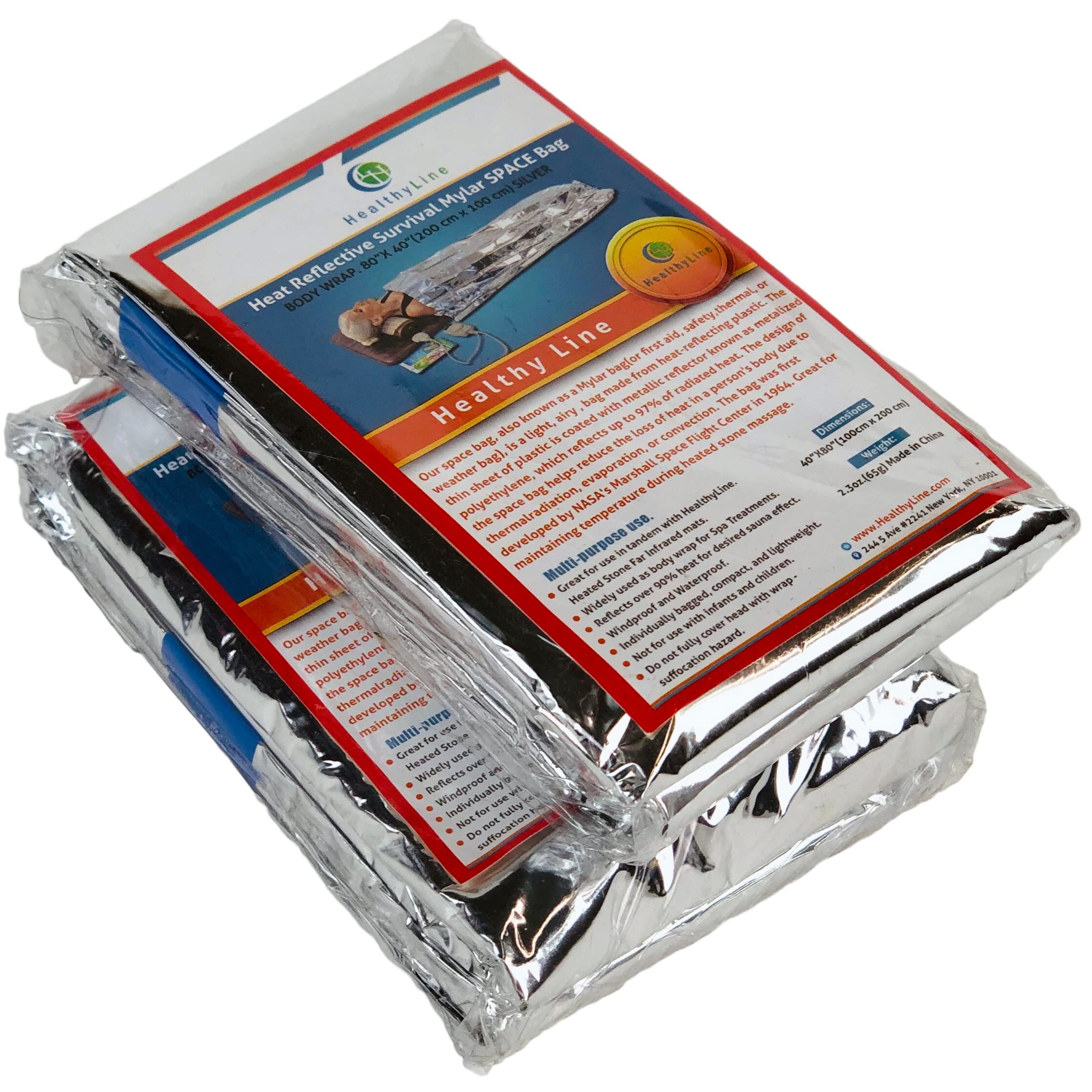 HealthyLine - Emergency Mylar Thermal Space Sleeping Bags (2 Pack) - for Detox & Weight Loss Sauna Experience, Far Infrared Therapy - Retains up to 97% of Body Heat - Silver 80in x 40in