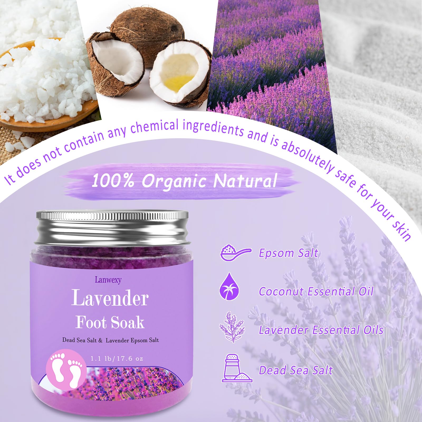 Remojar pies de lavanda con sal de Epsom y sal marina. Cuidado orgánico natural de pedicura de spa hecho a mano para callos de pies, agrietados secos, pies cansados, olor obstinado de los pies (1.1 3