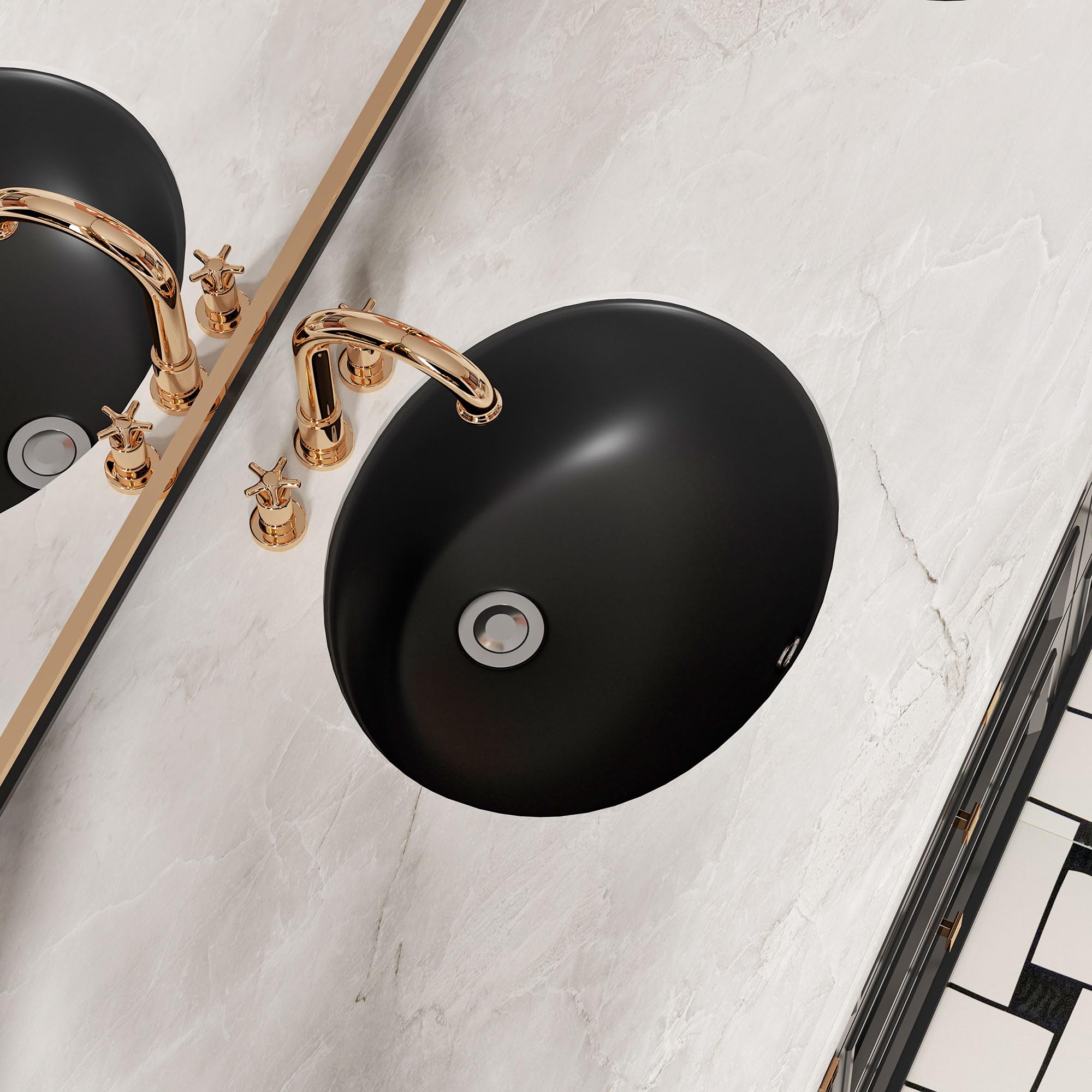 Fregadero de baño empotrado ovalado SmartSylva, 37,5 cm x 29,2 cm (Tamaño interior) Fregadero de baño ovalado de porcelana de cerámica bajo montaje con desbordamiento, negro mate