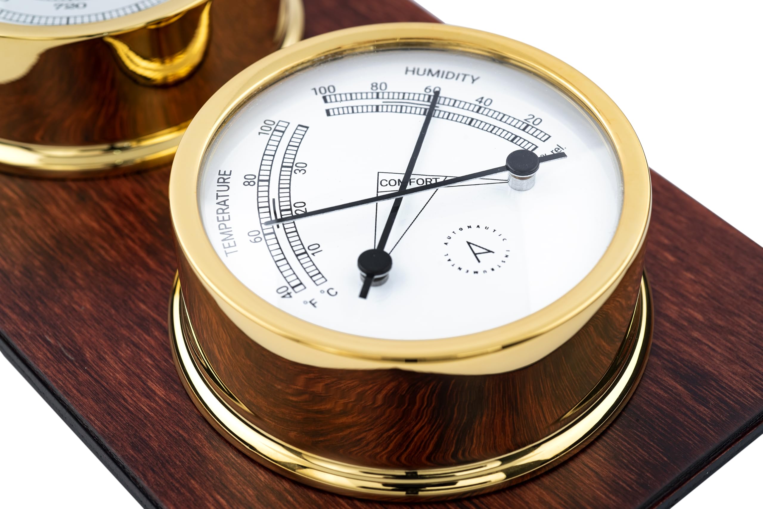 Autonautic - Stazione meteorologica nautica in ottone con bagno d'oro - Orologio, barometro e termoigrometro, per imbarcazioni o Decoración - 95mm (ø) - Made in Spain.