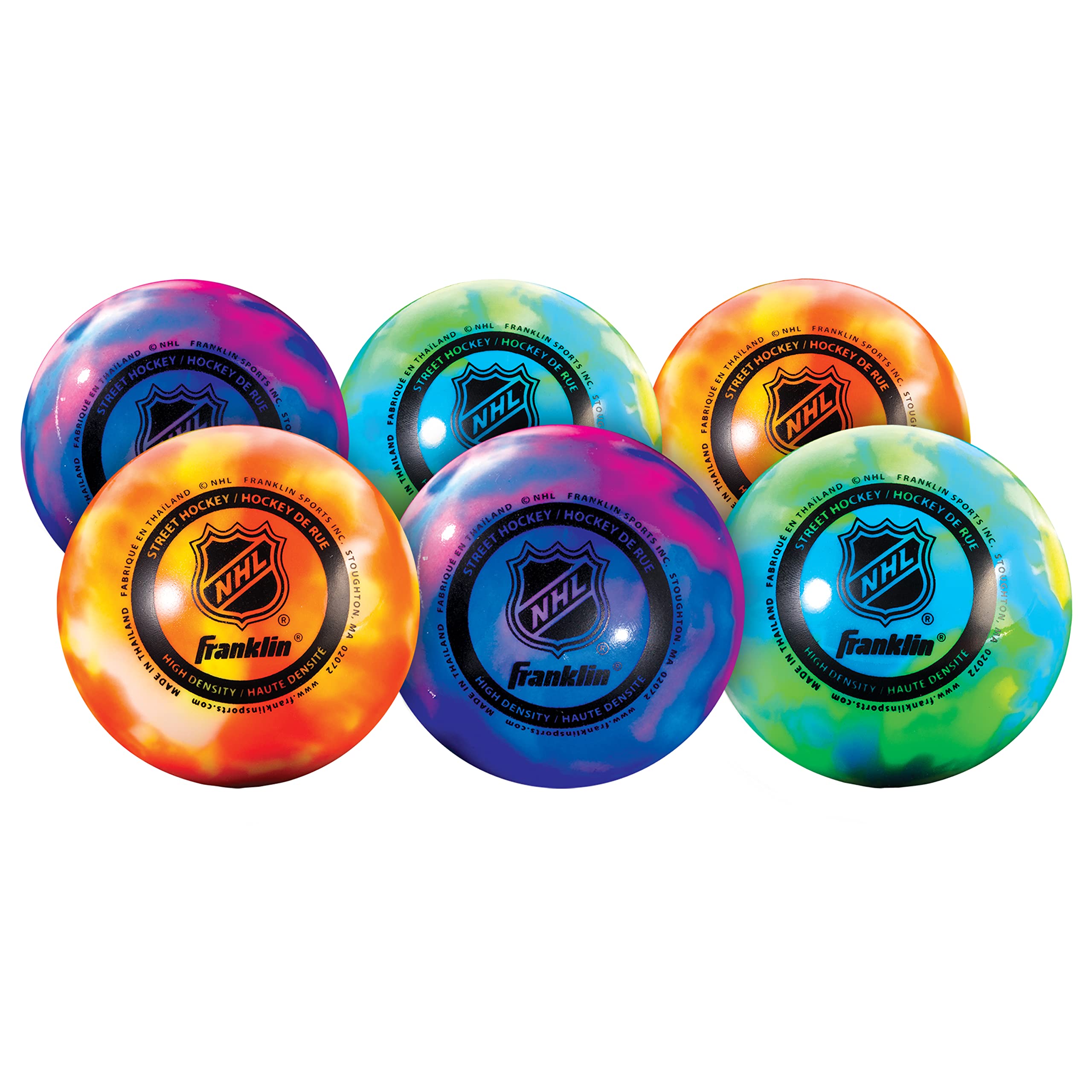 Franklin Sports Lot de 6 balles de Hockey de Rue de la LNH - sans Rebond - Rue en Plein air + Roller - Taille Officielle - Balles de Hockey de Rue pour allée + Roller Hockey - Lot de 6 avec Sac -