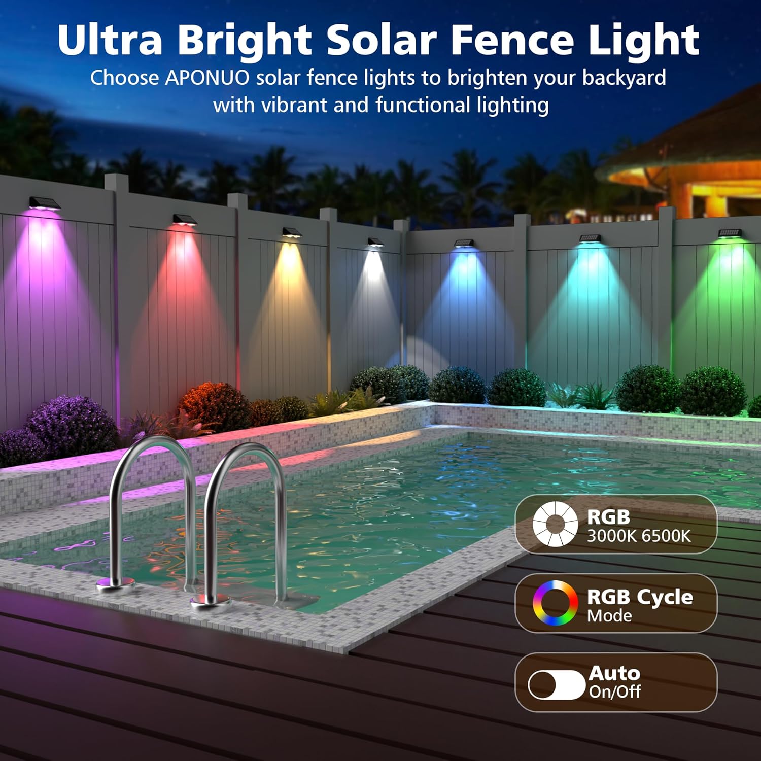 APONUO Solar Fence Lights Outdoor Waterproof, Fence Lights Solar Powered, 9 RGB Color Modes&Warm White&Cool White, Fence Solar Light Outdoor for Backyard, Patio, Wall, Yard,Deck（Black, 12 Pack）