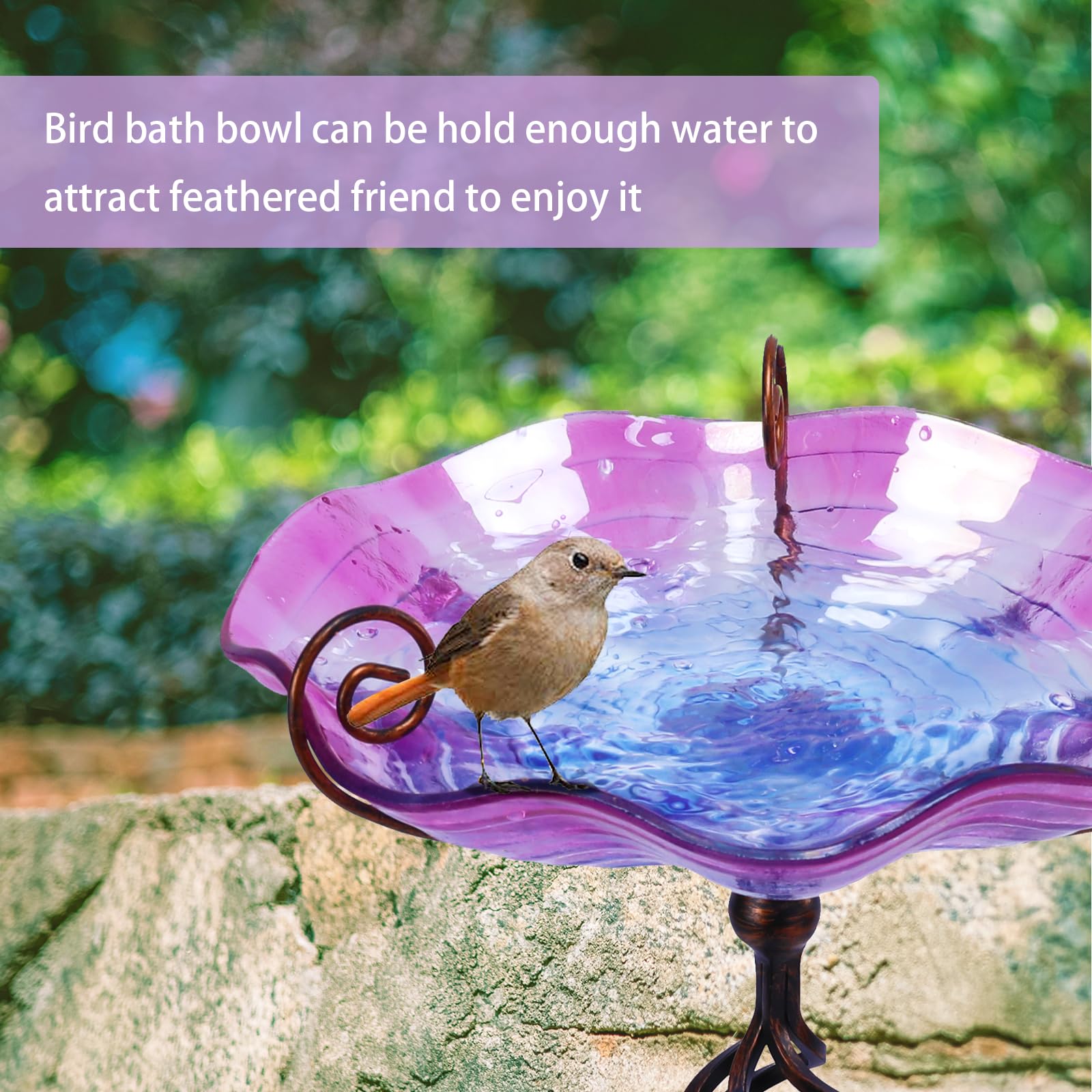 MUMTOP Bañeras de cristal para pájaros de 31 pulgadas de altura, comedero para pájaros al aire libre con estaca de metal, jardín y patio exterior, color morado