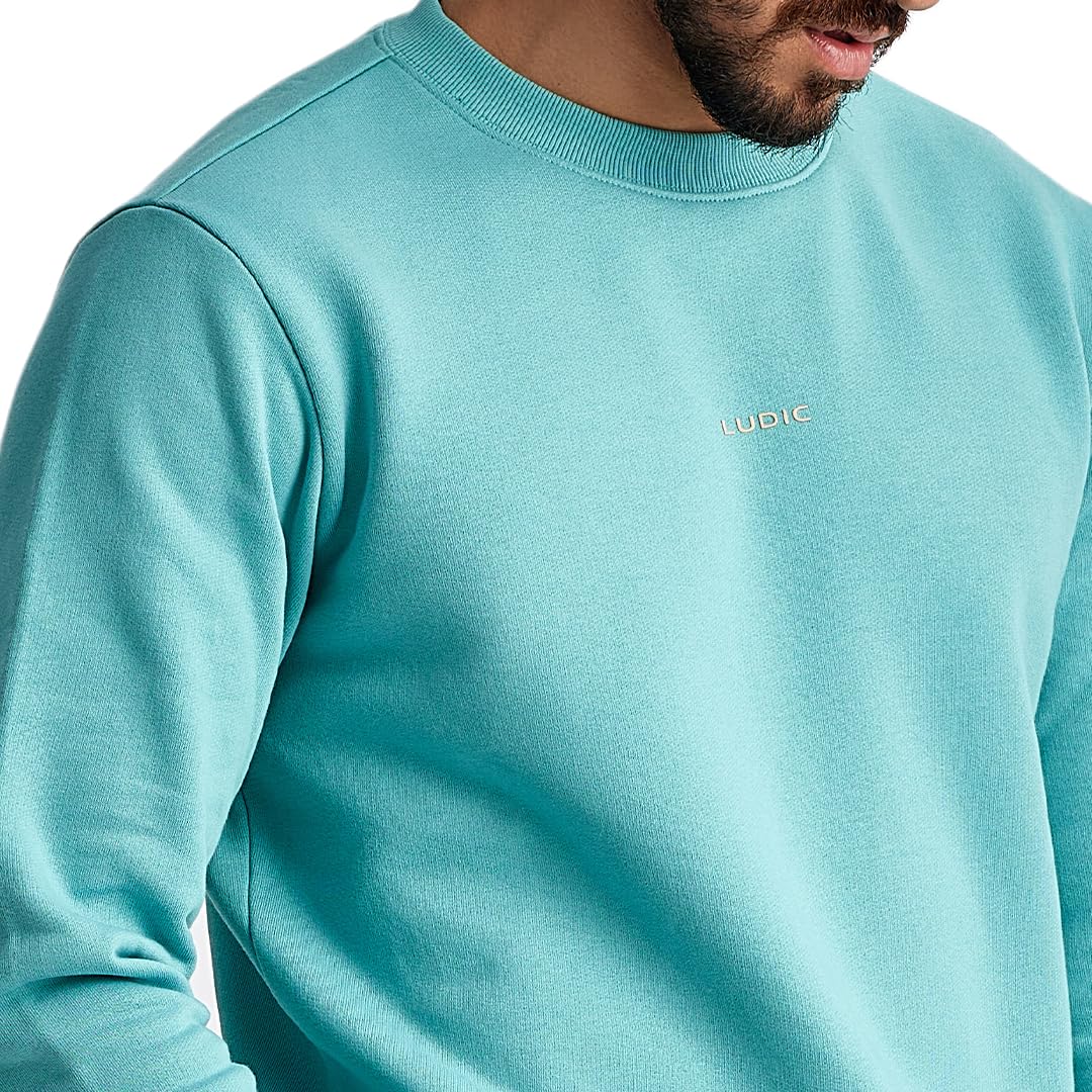 LUDIC WillMill Collection ‘Evoke S’ - 100% French Terry Cotton 320GSM Comfortable, Fleece Lined, Relaxed Fit Sweatshirt for Men - Winter Essential Turquoise 1