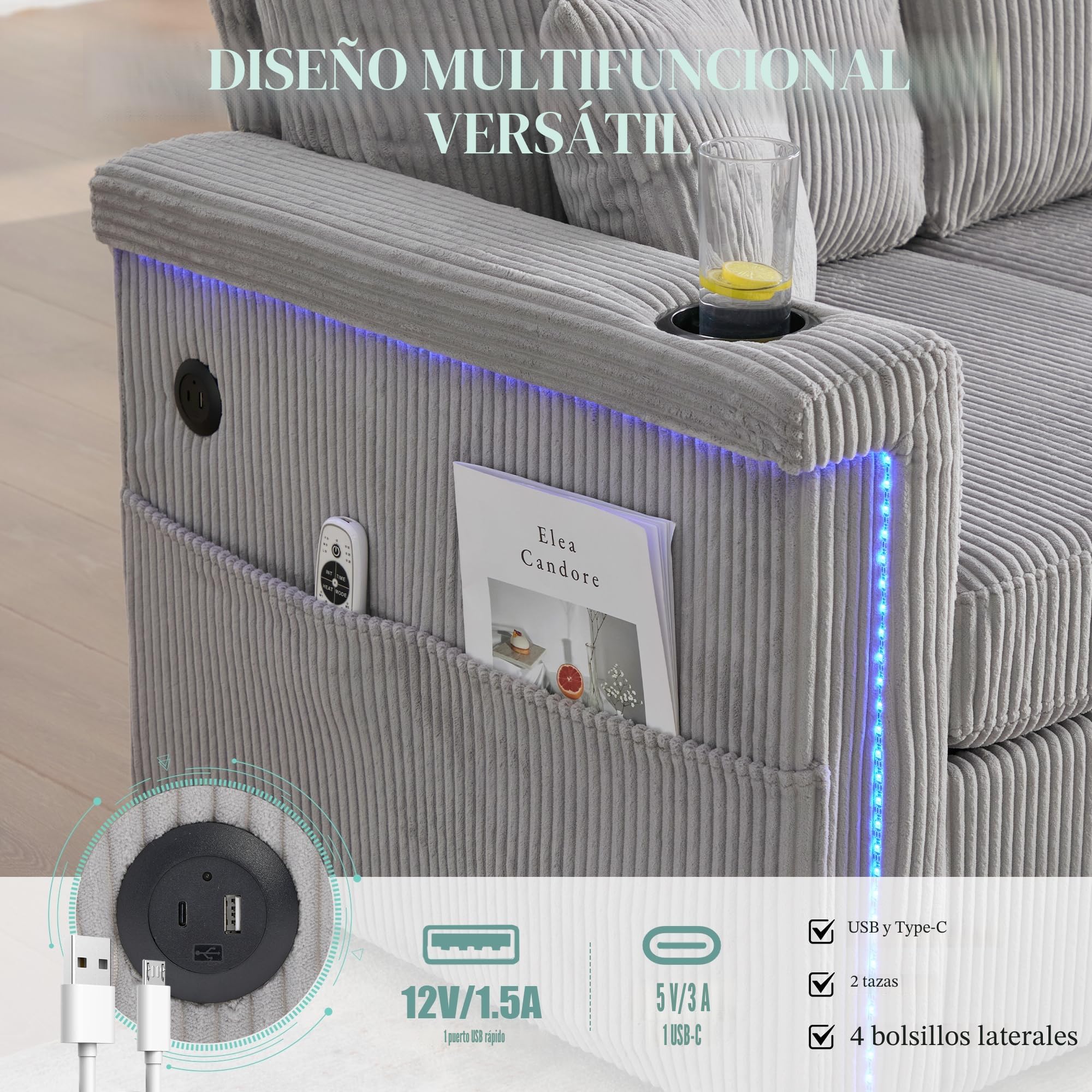 Sofá de 3 plazas, sofá en forma de L con función de dormir, iluminación LED y puerto USB-C, incluye espacio de almacenamiento, reposapiés, bolsillos laterales para salón, dormitorio, 194
