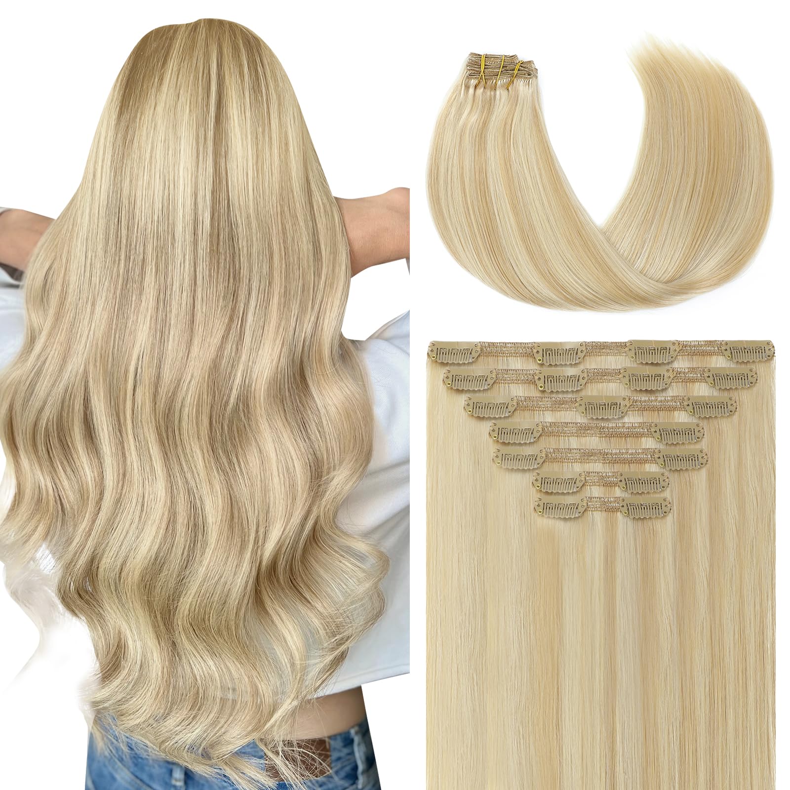 Youngsmile Clip in Remy Human Hair Extensions 18 Inches 160 Grams 7Pcs Rallonge Cheveux Humain Extension 27 Caramel Blonde with 60 Platinum Blonde
