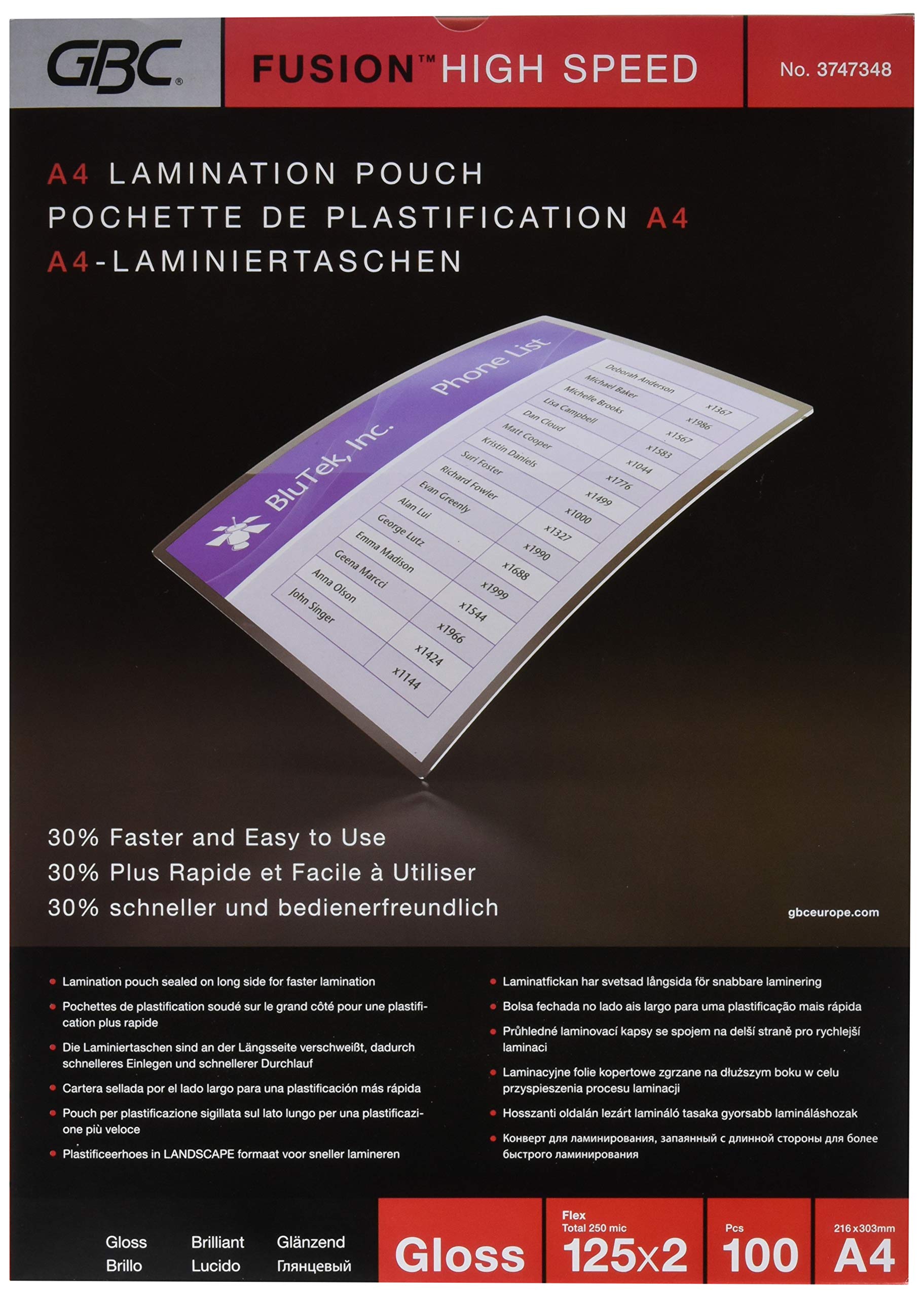 GbcA4 2x125 Micron HighSpeed Gloss Laminating Pouches, Pack of 100, 3747348