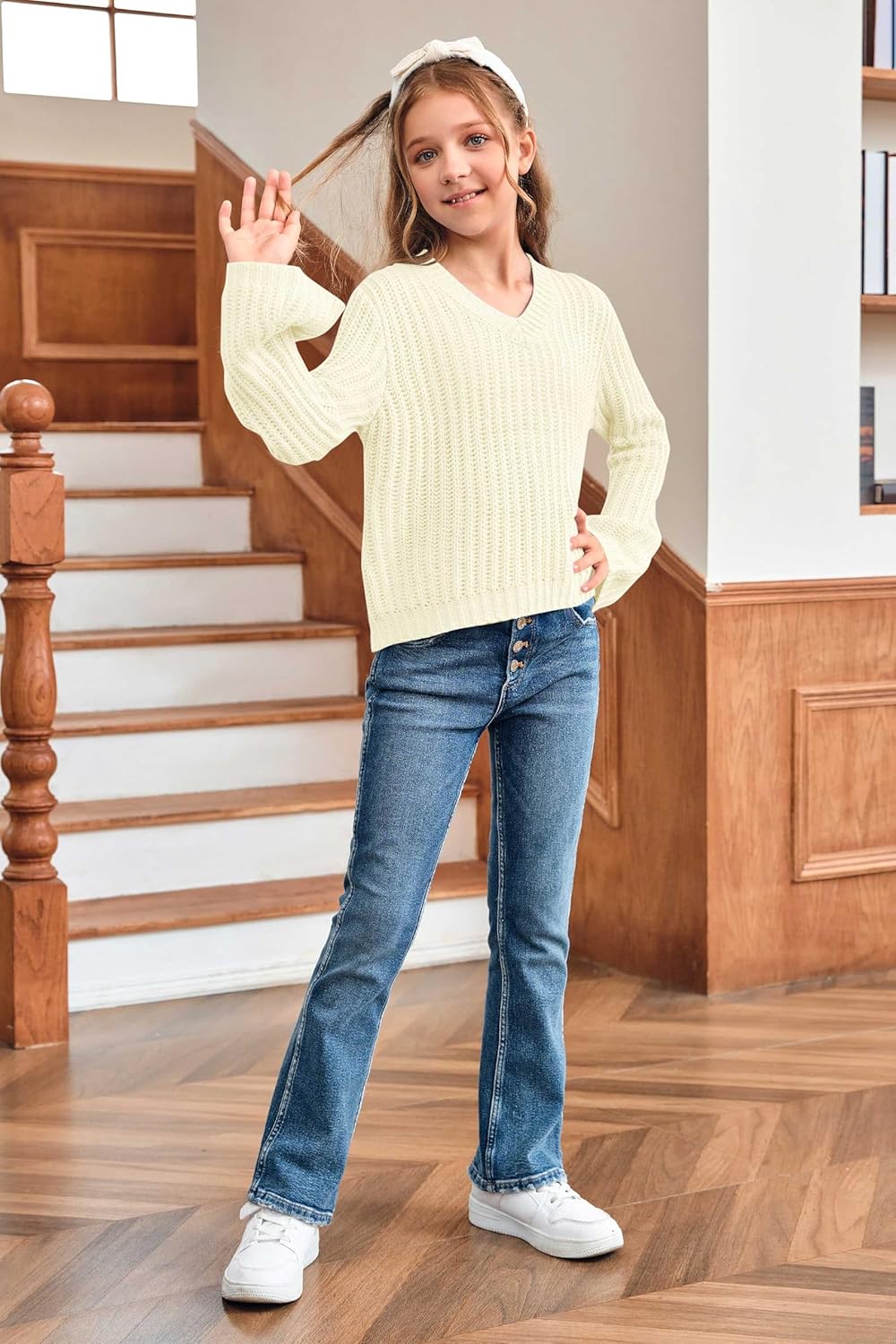 Imily Bela Girls Bell Sleeve V Neck Knit Sweaters Kids Fashion Crop Pullover Sweater Tops - Image 4