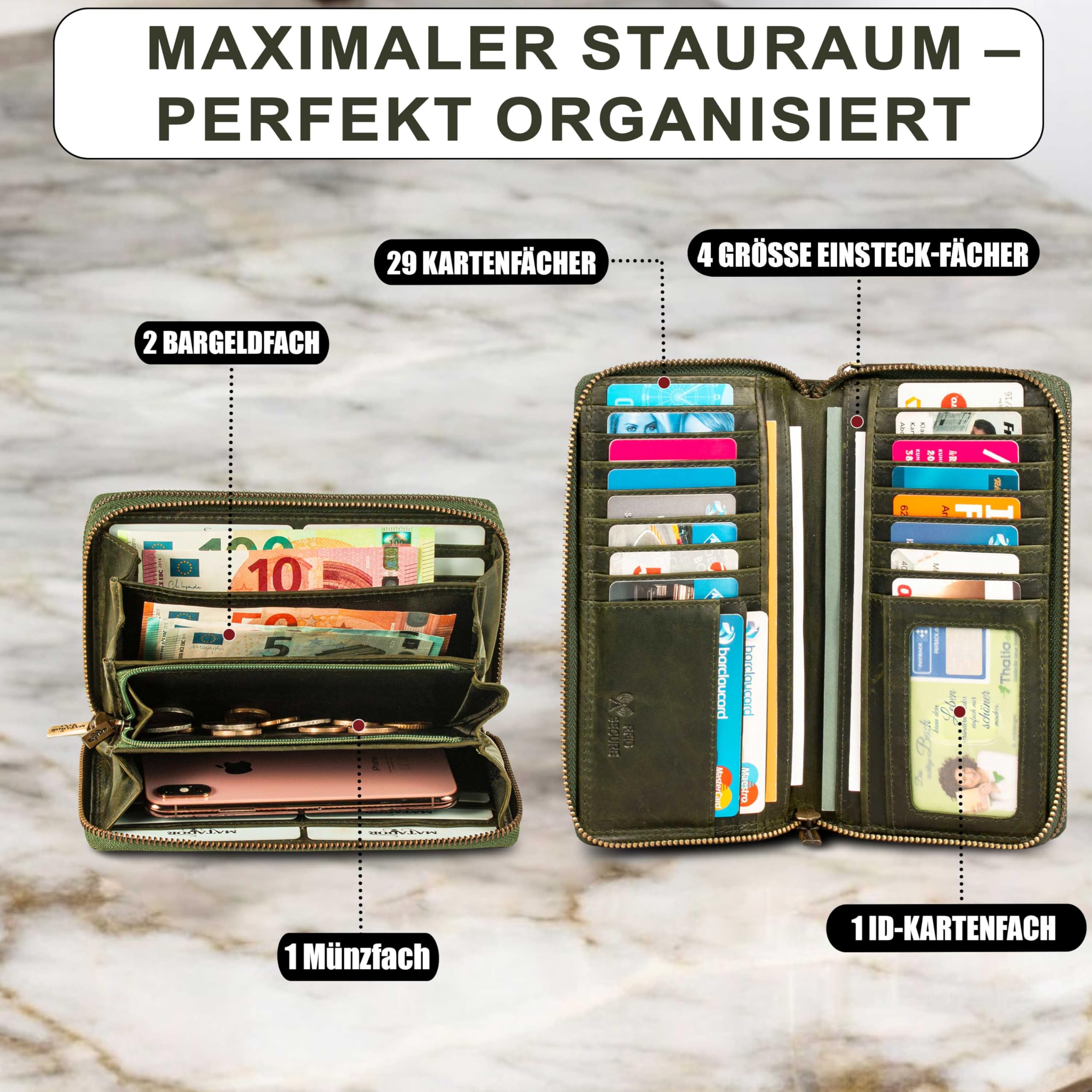 MATADOR Geldbörsen Damen Grün #Madrid mit Edle Geschenk Box, Eleganter Geldbeutel Leder mit RFID Wallet, Luxus Damen Geschenk mit Viele Kartenfächer