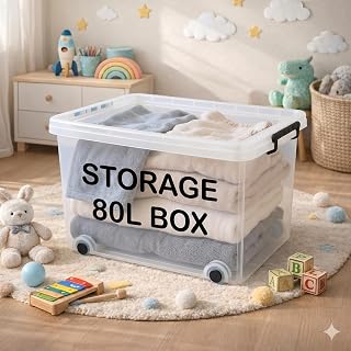 Plastic Storage Box Multipurpose Transparent Plastic Storage Box With Wheels And Lockable Lid Clear/Black (1, 80 Liter)