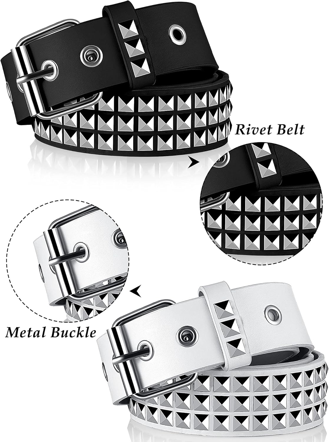 Vicenpal 2 Pieces Studded Belt Punk Y2K Rock Goth Emo Belt with PU Leather Rivet Metal Pyramid for Women Men Jeans Pants - Image 2
