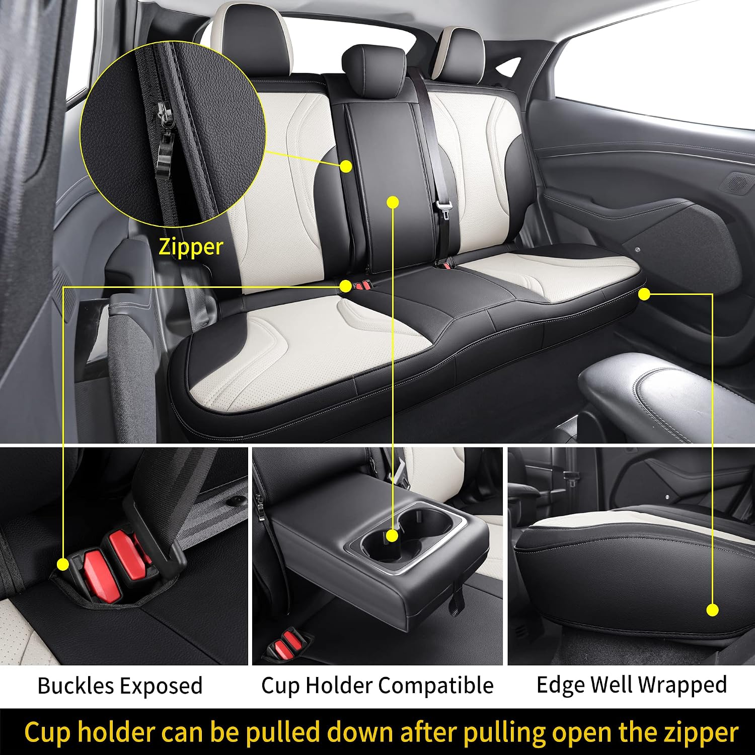 Seat Cover Custom Fit for Ford Mustang Mach E Synthetic Leather Car Seat Cushion Protector for 2021 2022 2023 Customize(Black&White Lichi)