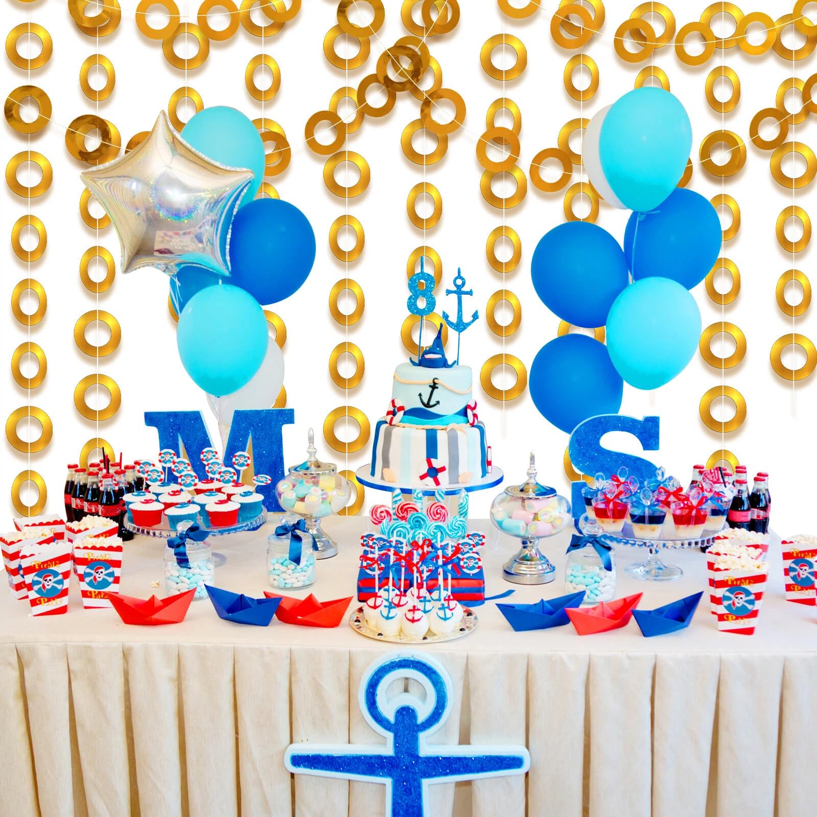 Suncalla 4 Pcs 46 Ft Gold Rings Garlands Cartoon Themed Birthday Party Decorations 7.87 Inch Gold Rings Hanging Streamers Banner Background for