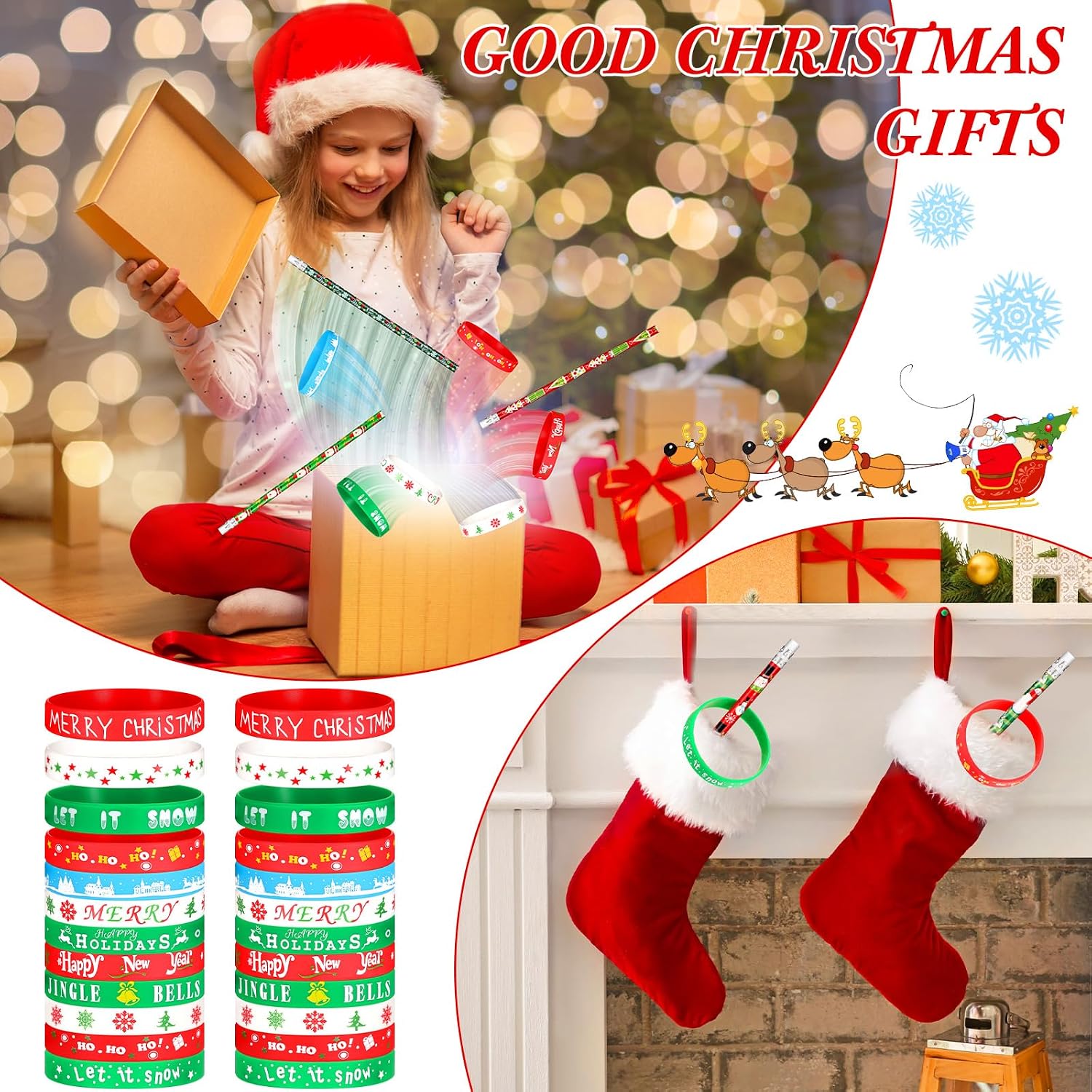 Sabary 48 Pcs Christmas Pencils Silicone Bracelets Set Christmas Party Favors Candycane Plaid Snowman Santa Tree Snowflake Pencils Xmas Wristbands Gifts(Elk,7.48 Inch Pencil)
