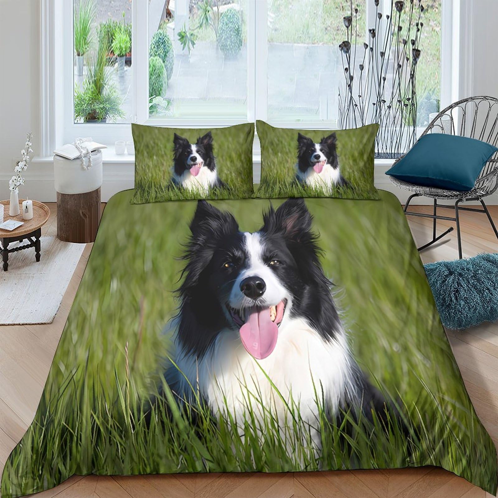 Ctjqhvkz Style-5 3D Printed Border Collie Dog Fitted Sheet Microfiber Soft Green Grass Bed Cover Non-Slip Easy Care For Bedroom Decor Single（135X200cm）