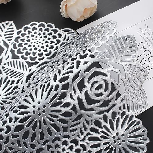 Miniatura 7 de Mabbcoo Juego de 6 manteles individuales redondos para mesa de comedor, manteles individuales metálicos prensados de vinilo para mesa huecos de