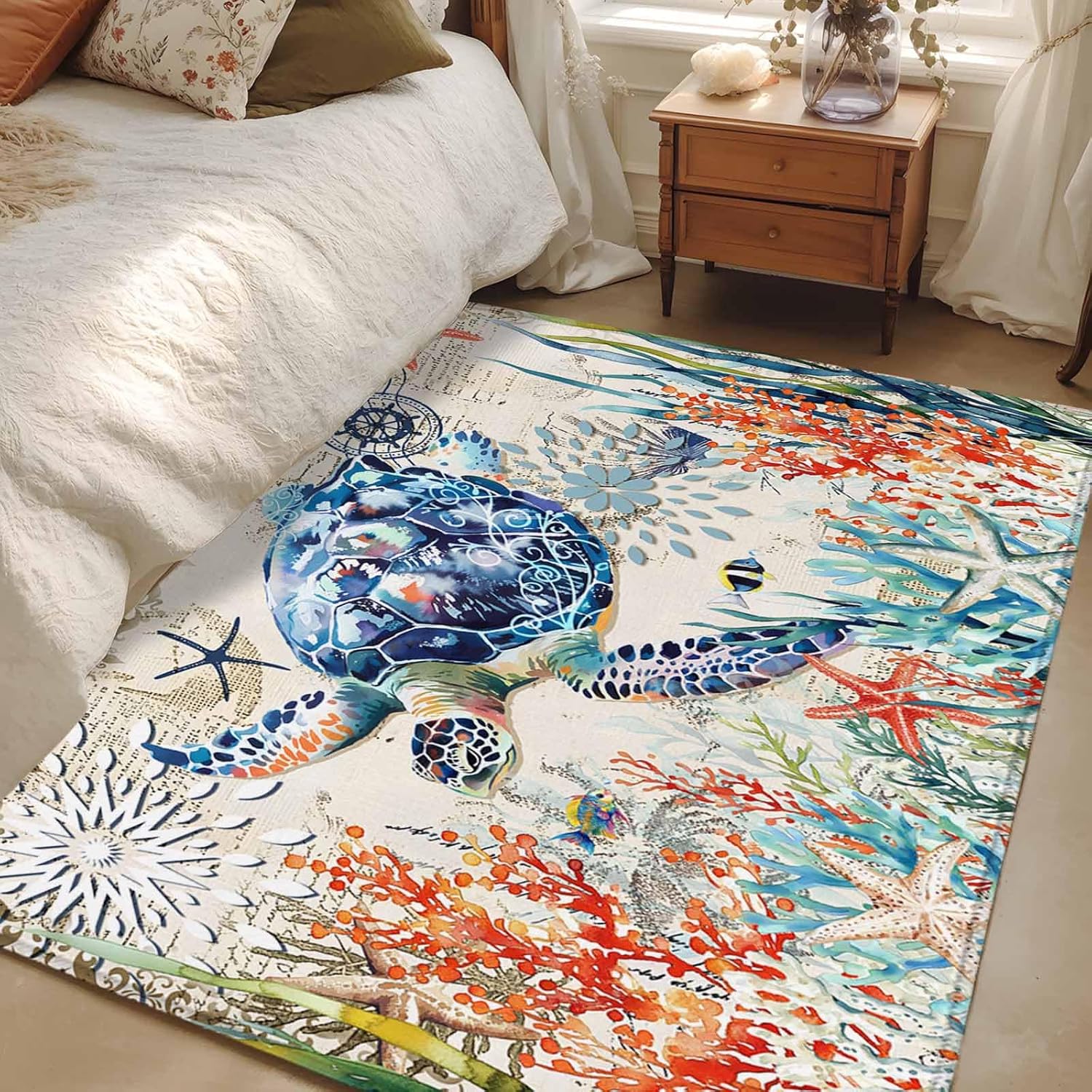 Area Rug 3'x5', Coastal Sea Turtle Non-Slip Runner Rug Carpet for Bedside, Rustic Vintage Nautical Starfish Coral Washable Outdoor Indoor Area Rugs Mat for Entryway/Living Room/Bedroom/Kitchen/Office