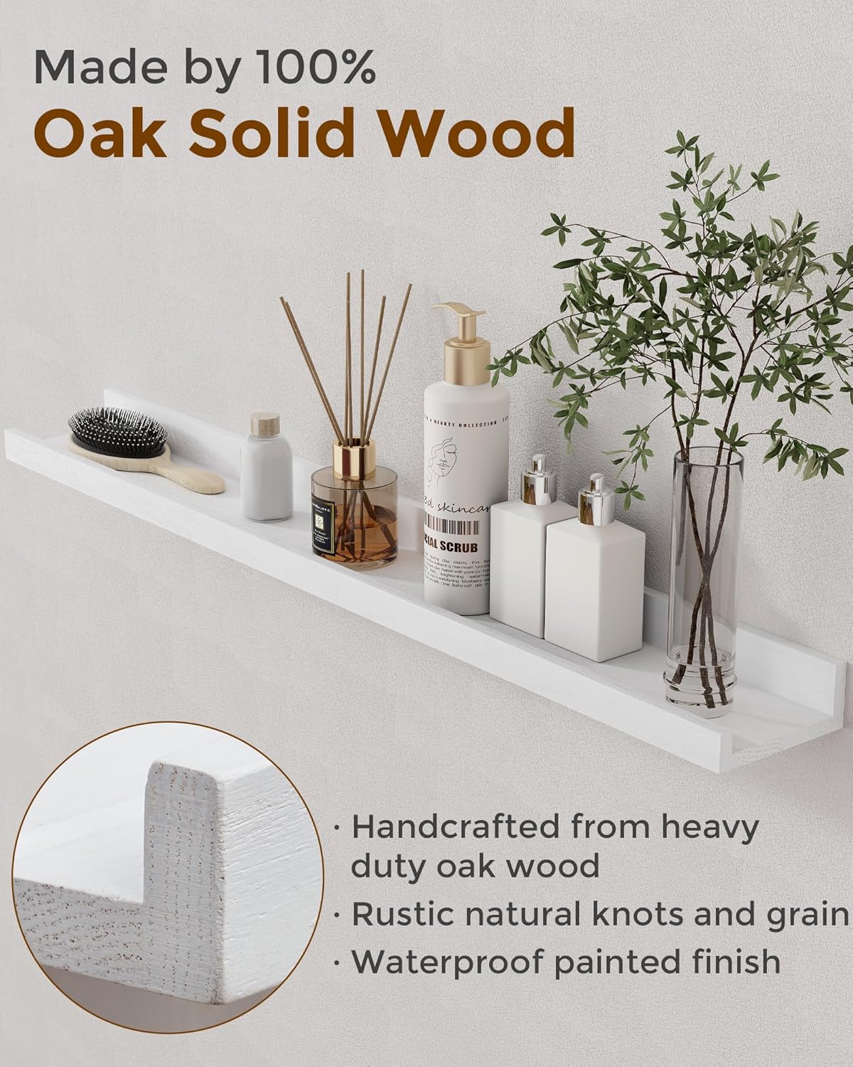 Axeman Oak Picture Ledge Shelf, 24 Inch Floating Shelves Set of 2, Solid Oak Wood Wall Shelves with Lip, Wall Decor Storage for Bedroom Living Room Bathroom Kitchen Nursery Photo Picture, White