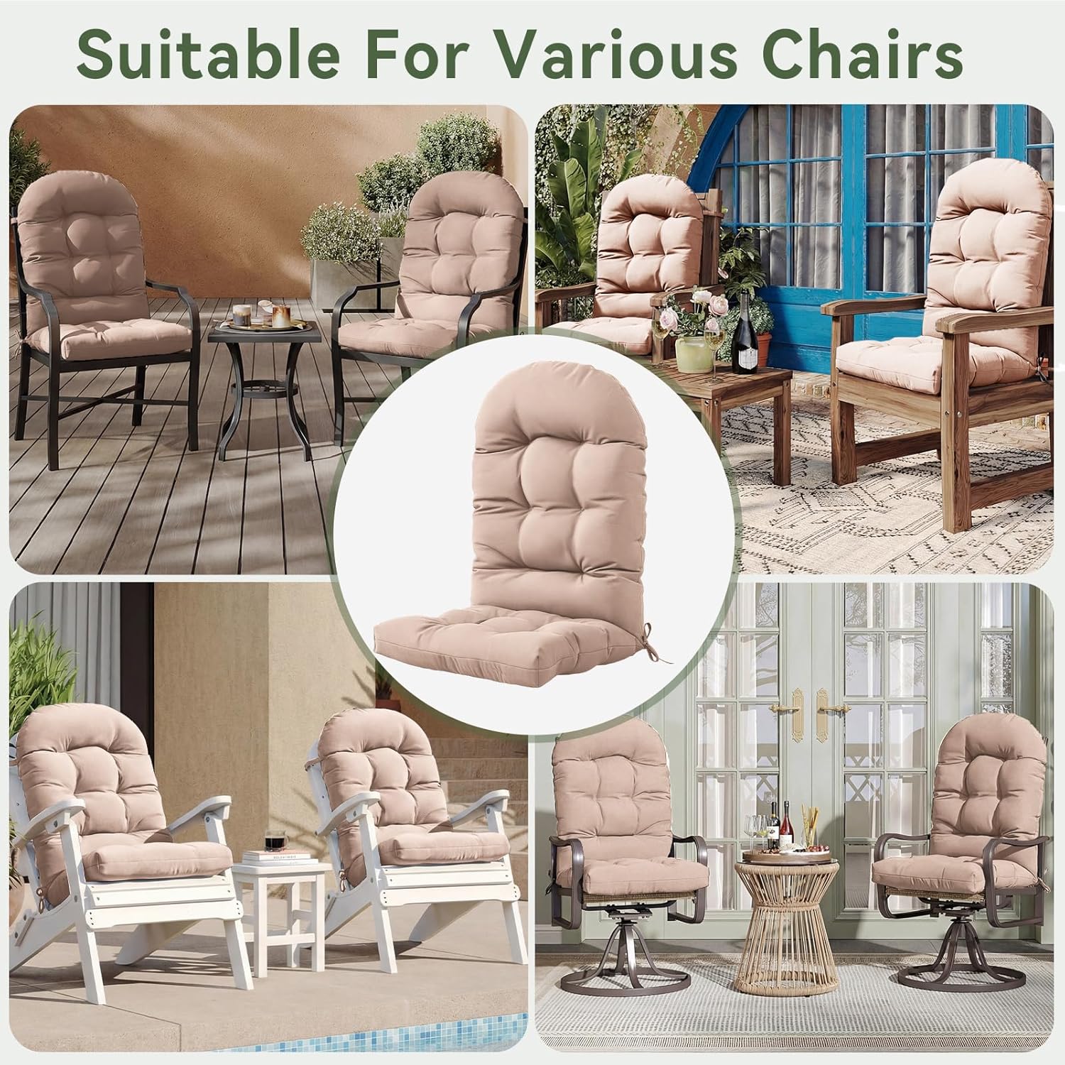 Aoxun Adirondack Chair Cushion, Indoor/Outdoor Rocking Chair Cushion with Ties, Thickened High Back Patio Chair Cushions with High Elasticity PP Cotton Water-Resistant, 2-Pack, Beige