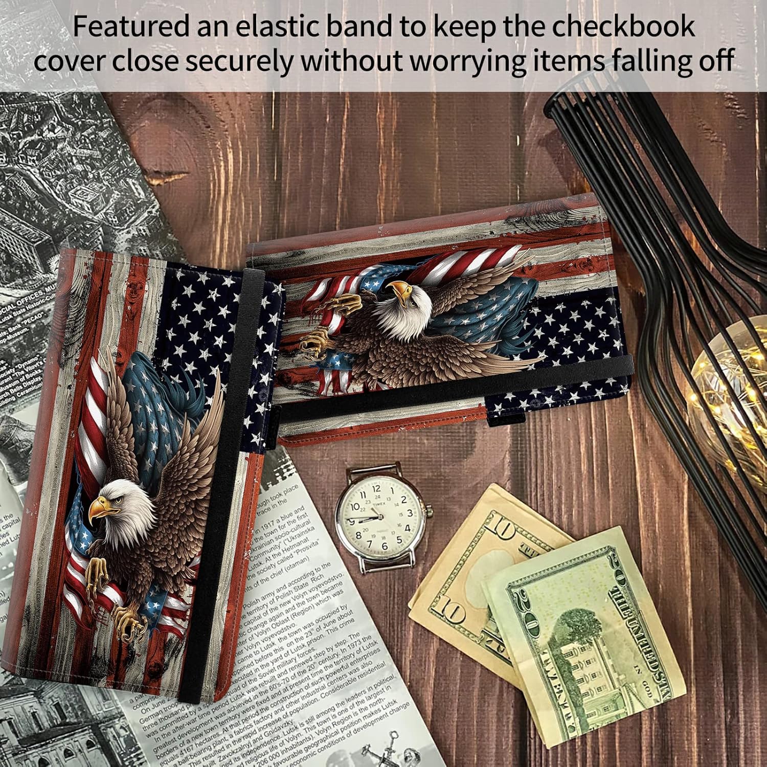 FUYOCWE Leather Checkbook Cover for Men Women Check book Holder Cover Wallets for Personal Checkbook Checks with RFID Blocking & Elastic Strap-Bald Eagle with Flag - Image 4