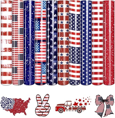 Tintnut Vinilo de transferencia de calor con bandera americana, 10 hojas de vinilo patriótico de 10 x 12 pulgadas, color azul marino y blanco,