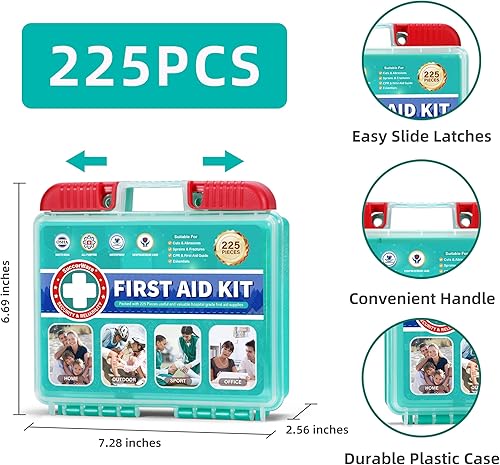 Miniatura 2 de Kit de primeros auxilios portátil de 225 piezas para el cuidado de heridas menores, incluye vendajes adhesivos, almohadillas de gasa para heridas,